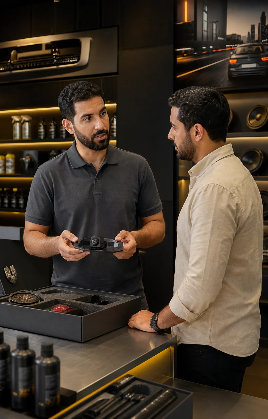 An automotive accessories specialist discussing a product with a customer