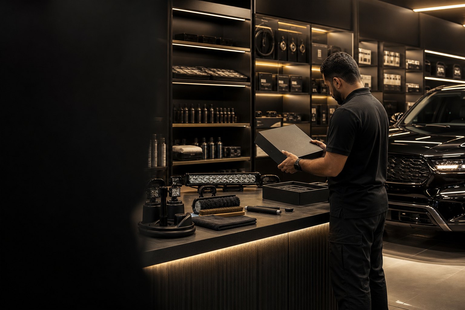 Automotive accessory specialist reviewing products in a premium showroom