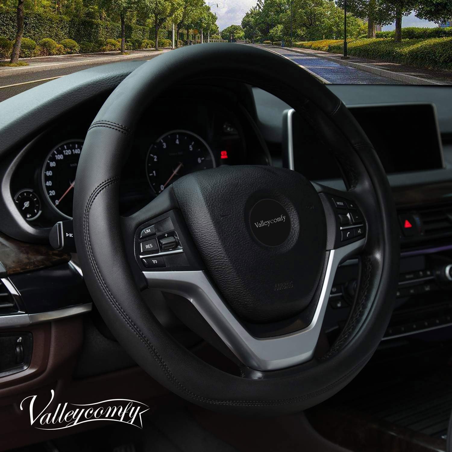 Valleycomfy Microfiber Leather Steering Wheel Cover Universal 15 inch (Black) — Valleycomfy