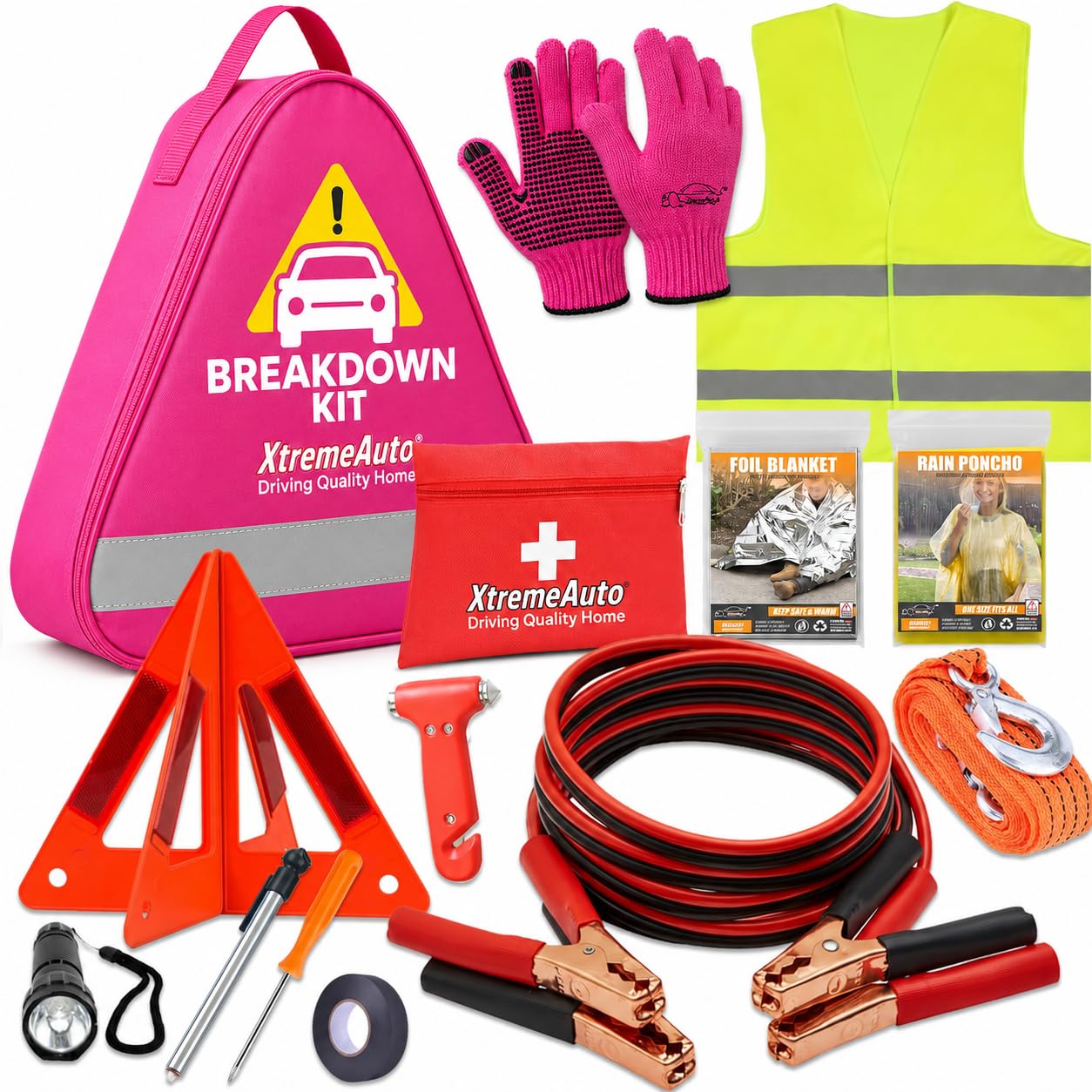 Xtremeauto Car Breakdown Emergency Kit – Roadside Car Safety Kit with Warning Triangle, Hi-Vis Vest, Tow Rope, Jumper Leads, First Aid Kit & Storage Case – E...