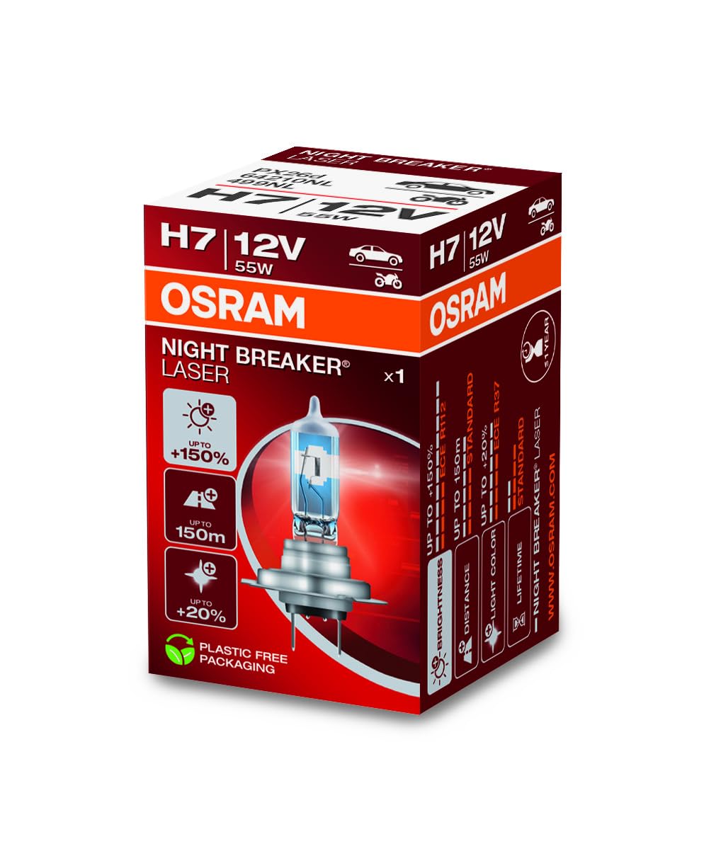 OSRAM NIGHT BREAKER LASER H7, +150% more brightness, halogen headlight lamp, 64210NL, 12V, folding box (1 lamp) — Osram