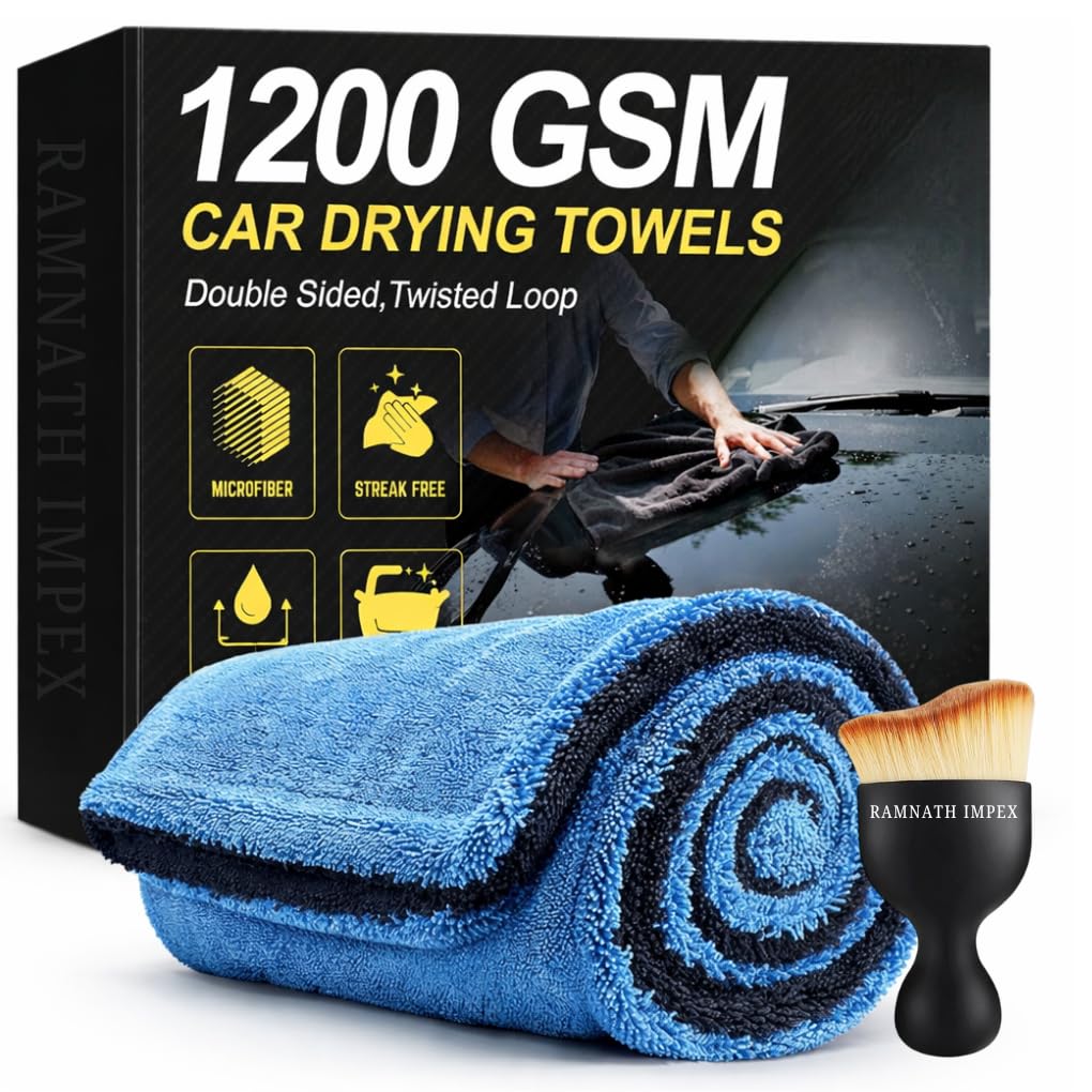RAMNATH 1200 GSM Premium Microfiber Car Cleaning Cloth 60x40cm | Ultra Absorbent Twisted Loop Drying Towel | Lint-Free & Scratch-Free Car Drying Cloth for De... — Ramnath Impex