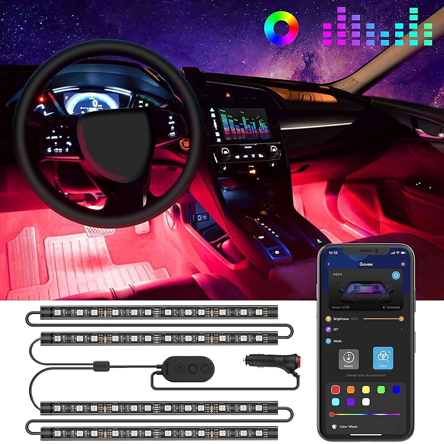 Govee Car LED Lights, RGB Smart Car Interior Lights, App Control | DIY Mode and Music Mode, 2 Lines Design LED Lights for Cars with Car Charger, 12V — Govee
