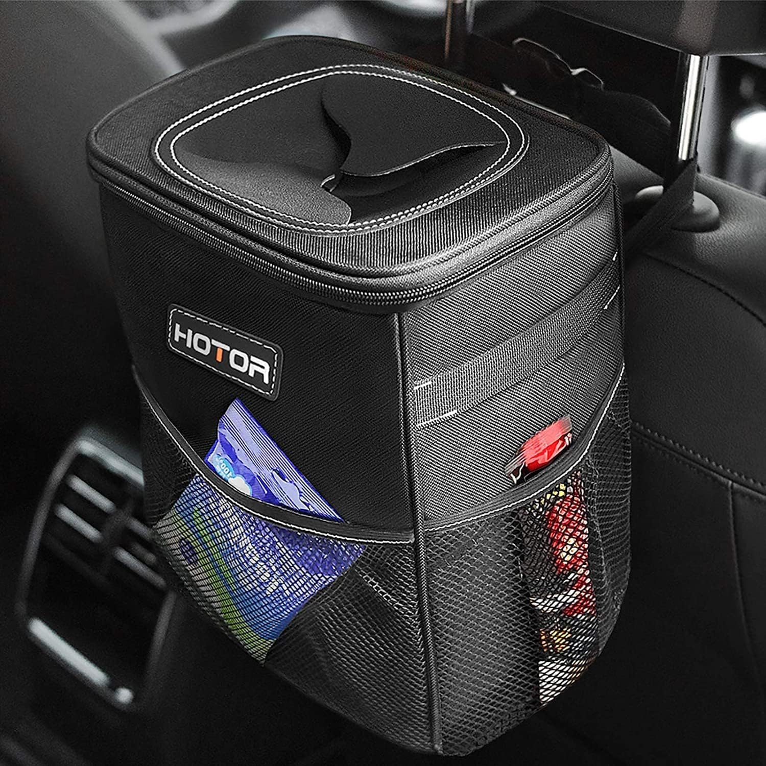 HOTOR Car Trash Can, Leakproof Car Organizer, 2-Gallon, Black | Compact Waterproof Bin, Multifunctional Car Accessory with Adjustable Straps & Magnetic Snaps... — Hotor