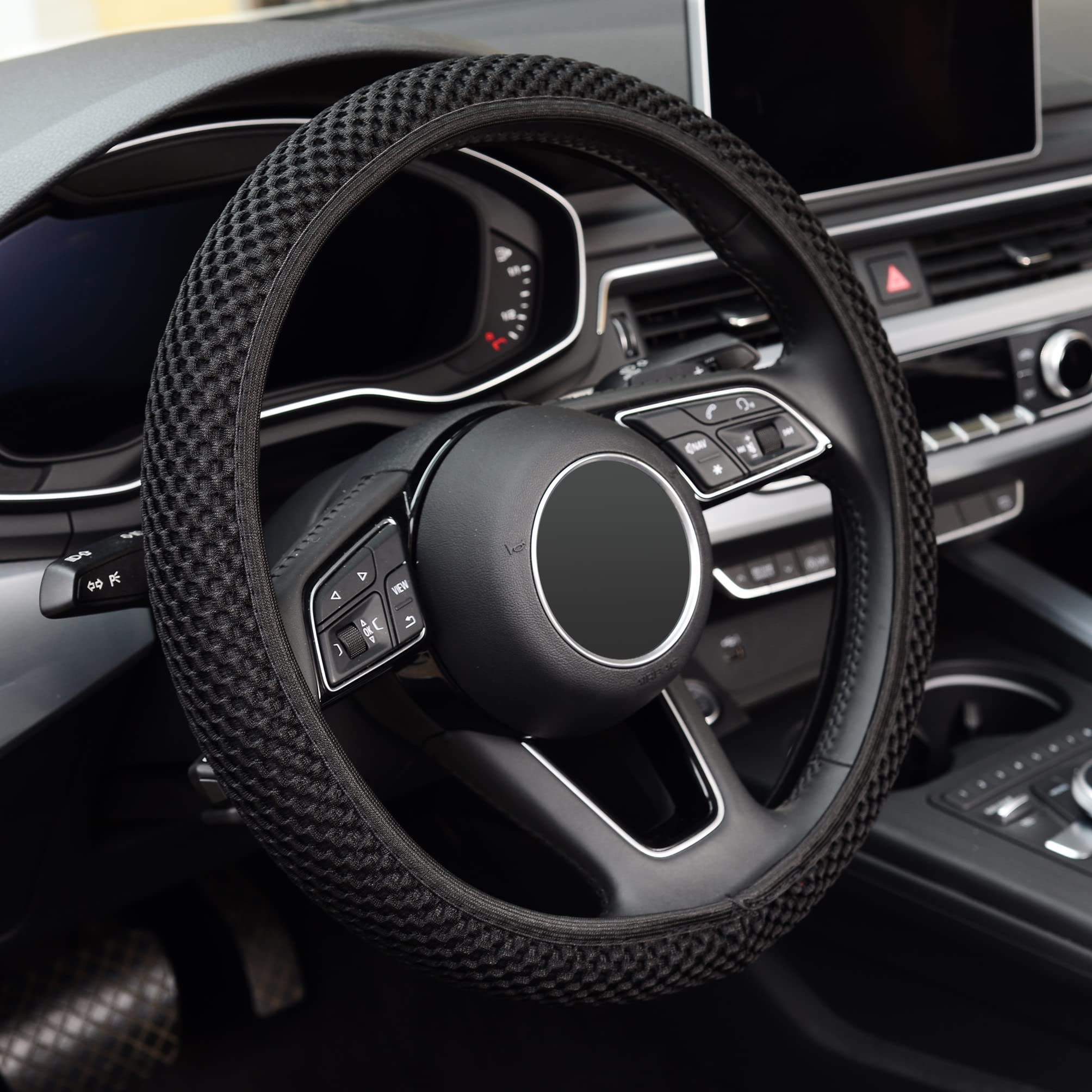 KAFEEK Elastic Stretch Steering Wheel Cover, Universal 15 Inch, Black | Warm in Winter and Cool in Summer, Microfiber Breathable Ice Silk, Anti-Slip, Odorles... — Kafeek