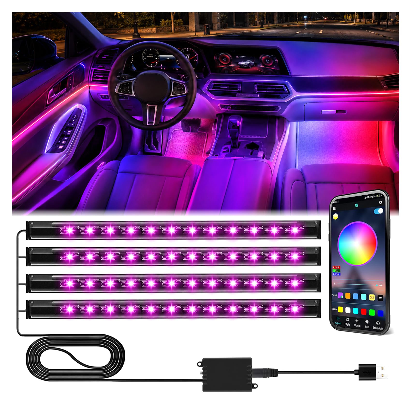 Winzwon LED Interior Lights for Car Accessories for Men Women | Gifts for Men Husband, USB Port APP Control Auto Stuff Lighting Kits Decoration Atmosphere St... — Winzwon