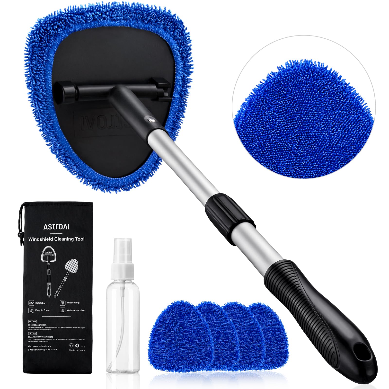 AstroAI 21" Extra-Long Windshield Cleaner Tool & Car Interior Detailing Kit | Extendable Handle, 4 Reusable Microfiber Pads, Streak & Lint-free, Auto Glass W...