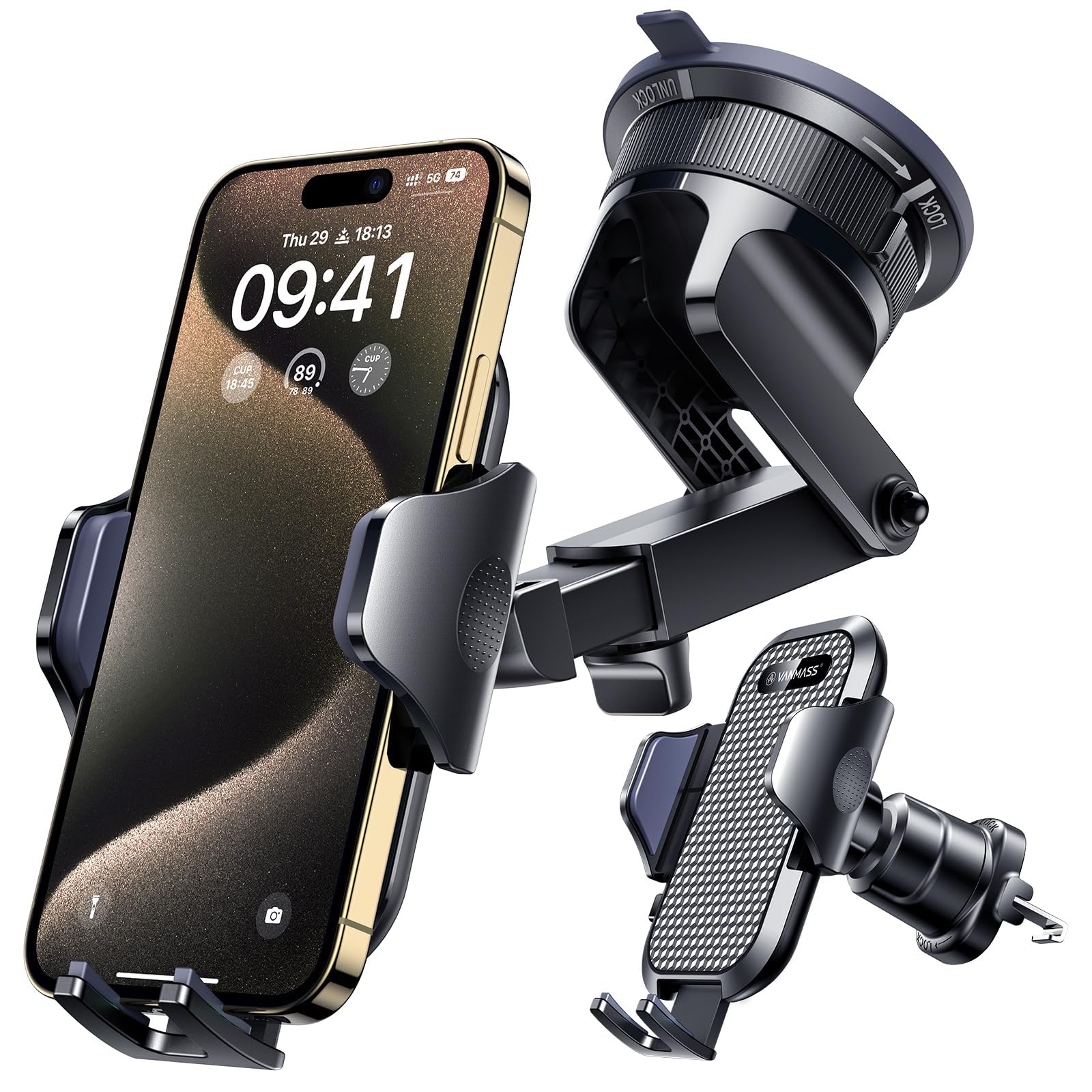 [True Military-Grade] Car Phone Holder VANMASS [Upgraded Strongest Suction&Clip] Cell Phone Mount for Dashboard Windshield Vent Kit, Truck Cradle Stand for i... — Vanmass