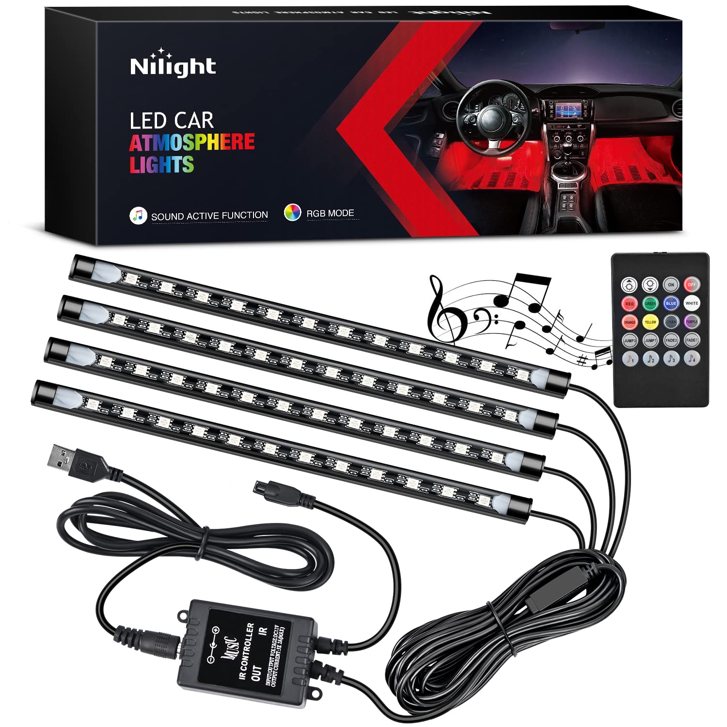 Nilight 4PCS 48LED Car USB Interior Neon Accent Lights RGB Remote Control | 5V DC Multicolor Music Car Light Strips Under Dash Lighting Kit with Sound Active... — Nilight
