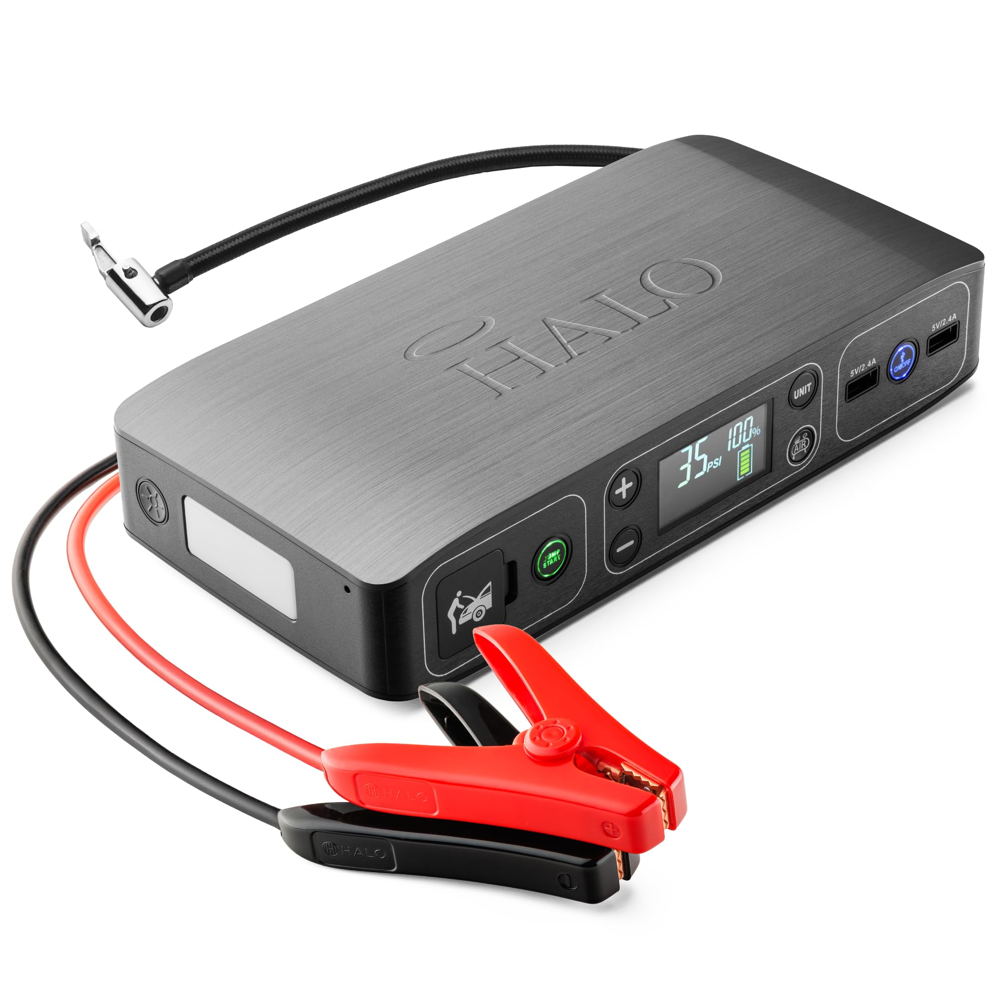 HALO Bolt Air 58830 Portable Car Battery Jump Starter | 100 PSI Air Compressor, 58.8Wh USB Power Bank, Emergency Floodlight & Charger, Jumps Cars SUVs & Truc... — Halo