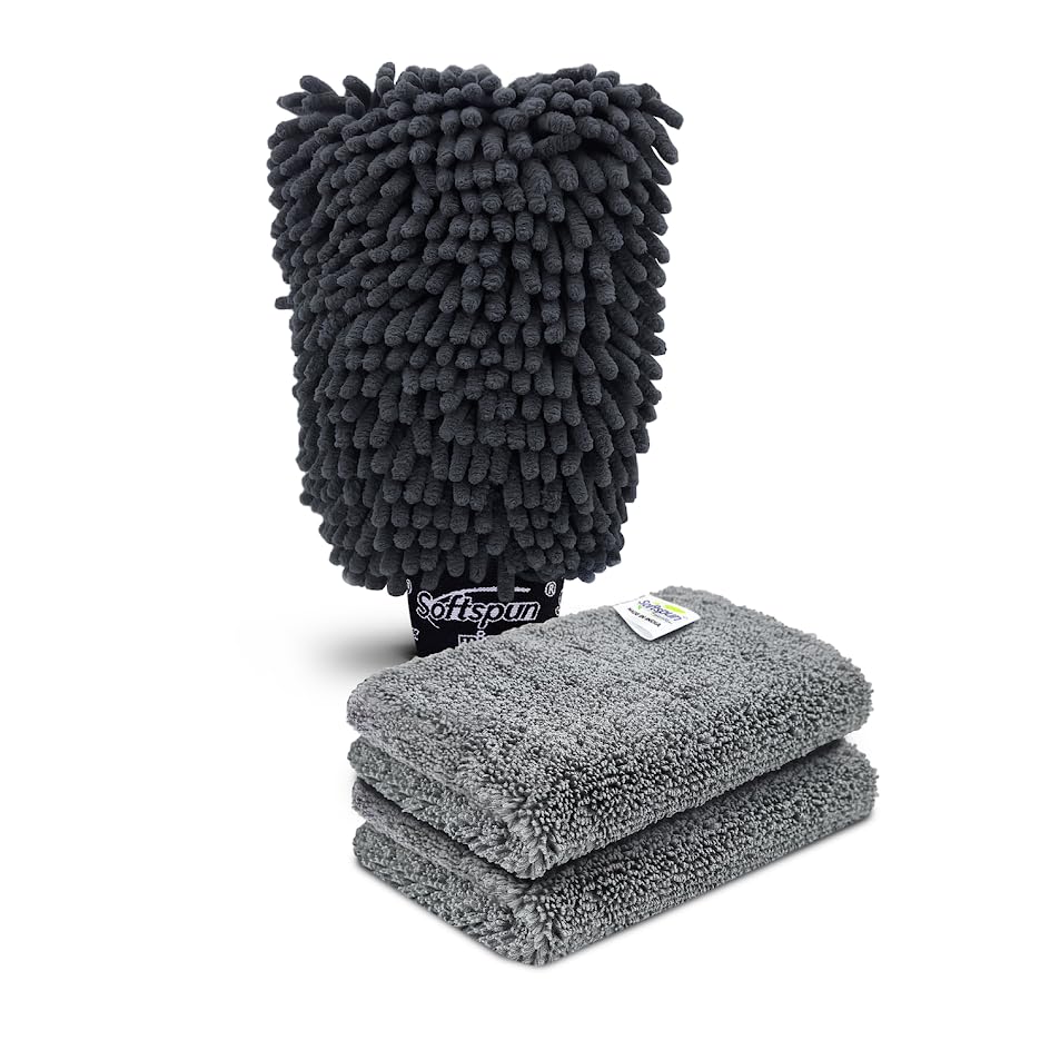 SOFTSPUN Microfiber Single Side 1 Piece Chenille Glove,1700 GSM Grey+20X30cm Cleaning Wipe 2Pcs | Multi-Purpose Super Absorbent and Perfect Wash Cleaning for... — Softspun