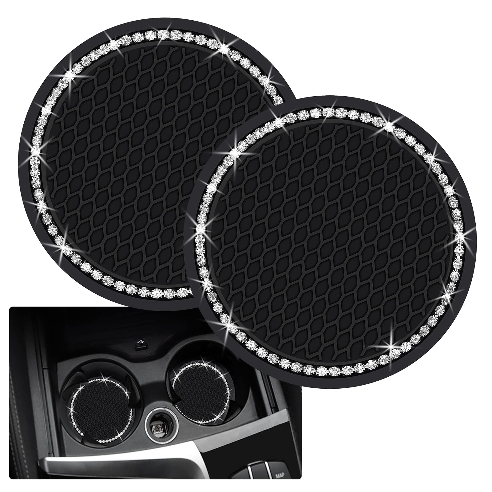 2PCS Bling Car Cup Coaster, 2.75 Inch Auto Cup Holder Insert Coasters Silicone Anti-Slip Crystal Rhinestone Drink Mat, Universal Vehicle Interior Accessories... — Tyhaui