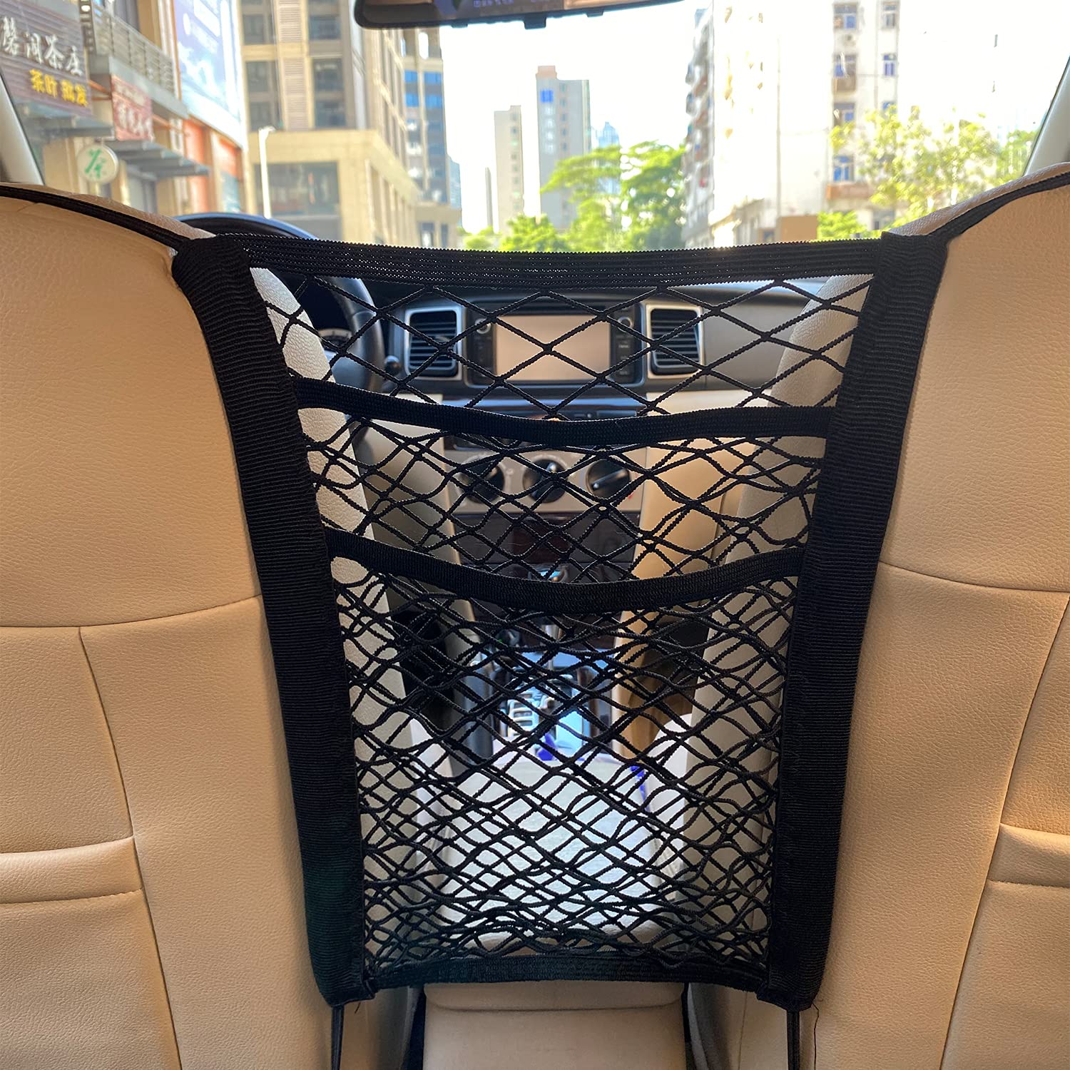 Lustre 3-Layer Car Mesh Organizer, Seat Back Net Bag, Barrier of Backseat Pet Kids, Cargo Tissue Purse Holder, Driver Storage Netting Pouch — Lustre