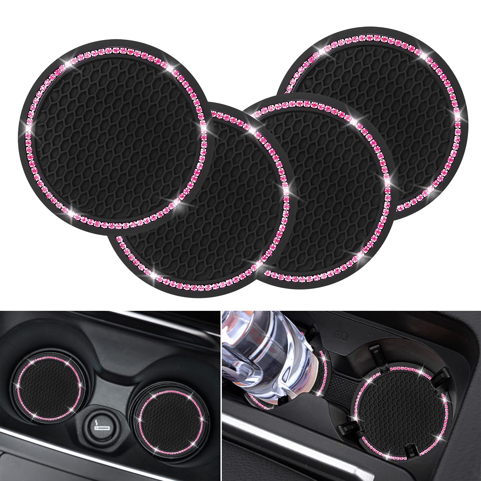 4 Pack Car Coasters, Universal Vehicle Bling Car Coaster, Cute Rhinestone Coaster for Cup Holders,Interior Accessories 2.75'' Silicone Anti Slip Car Coasters... — Cocases