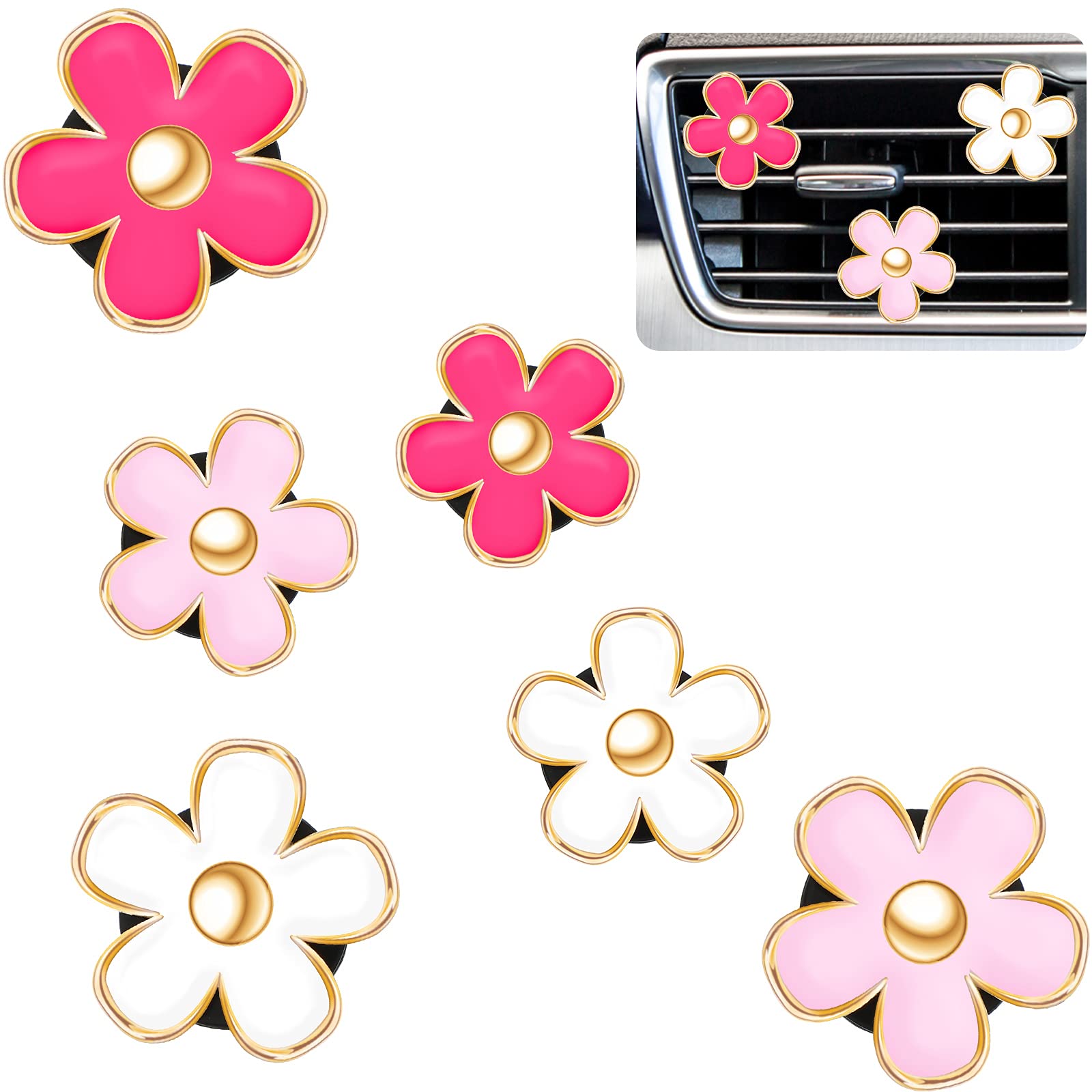 Frienda 6 Pcs Daisy Vent Clips for Car, 3/3.3 cm, Red, Pink, White | Air Conditioning Outlet Clip Car Freshener Dashboard Accessories Charm Car Inter Decor — Frienda
