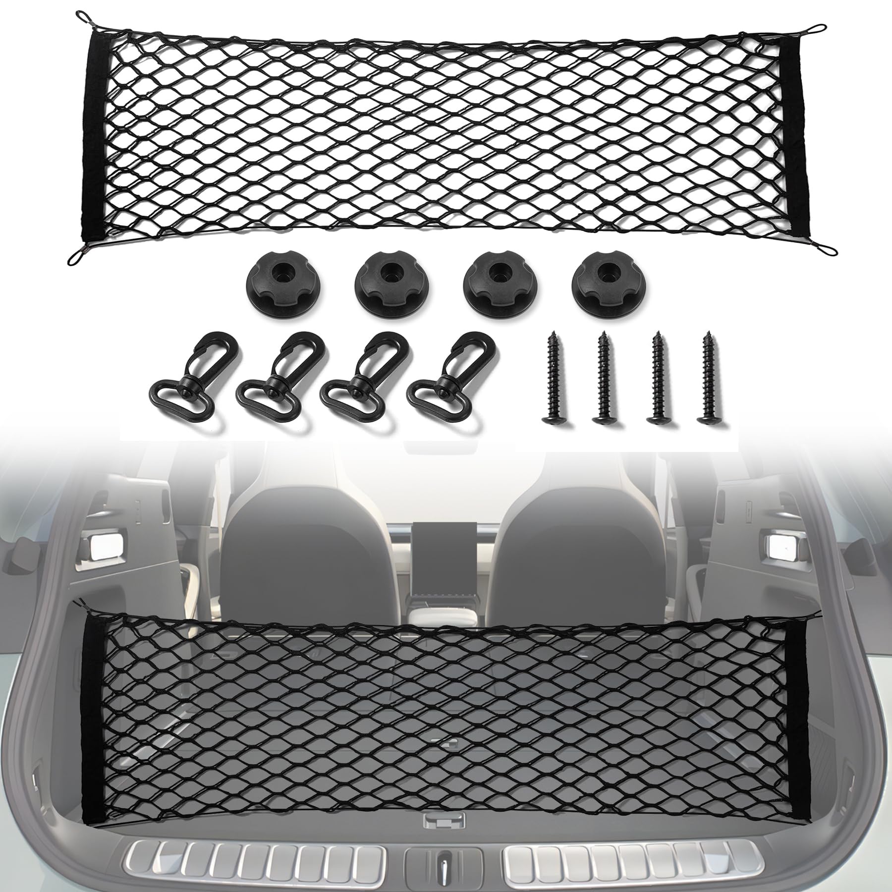 Amiss Cargo Net Stretchable, Car Exterior Accessories, Adjustable Elastic Trunk Storage Net with Hook for SUVs, Cars and Trucks (35.4x15.8 Inch) — Amiss