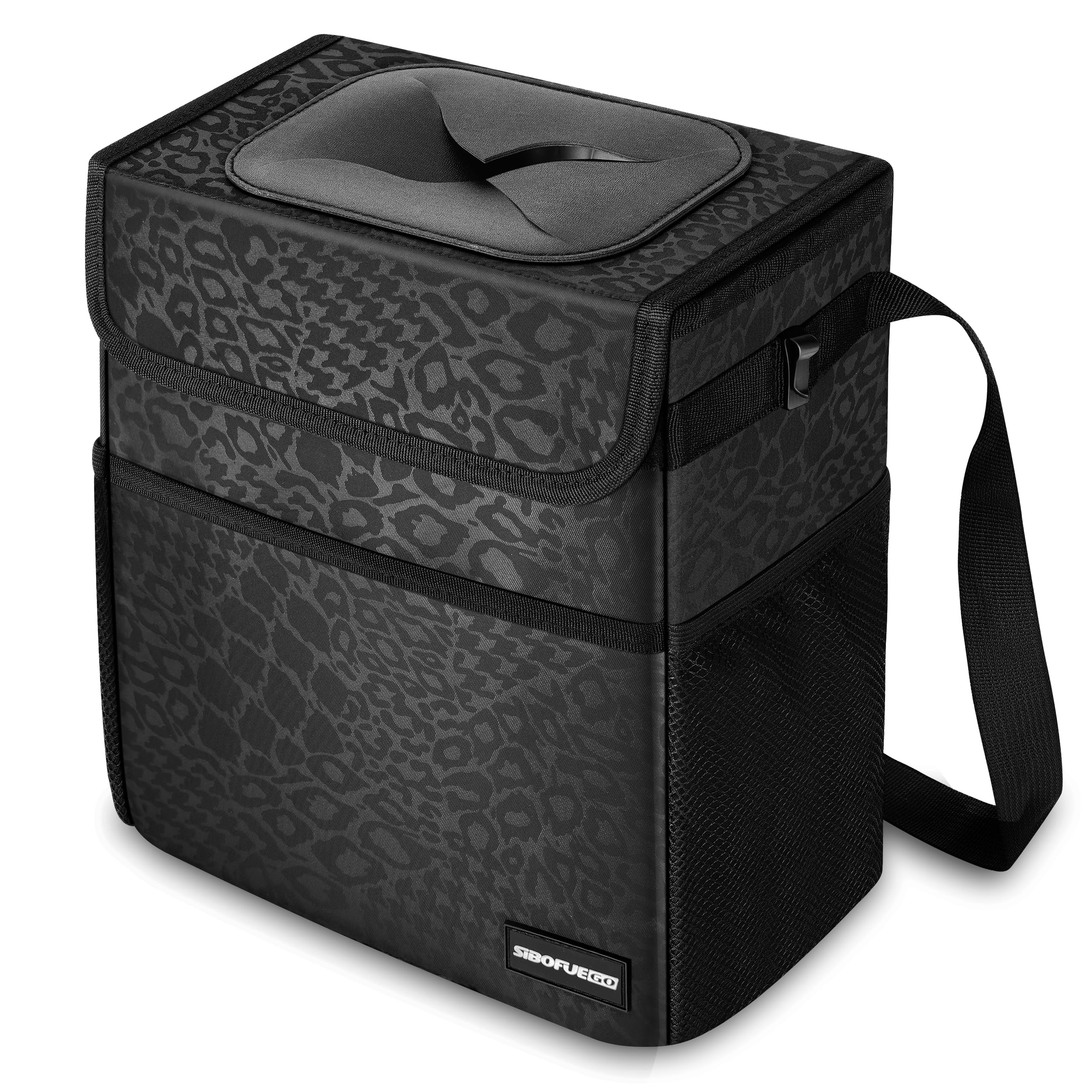 SIBOFUEGO Cute Car Trash Can with Lid, Collapsible, Leak-Proof, 2 Gallon | Black Leopard, Multipurpose Car Organizer with Storage Pockets & Adjustable Straps... — Sibofuego