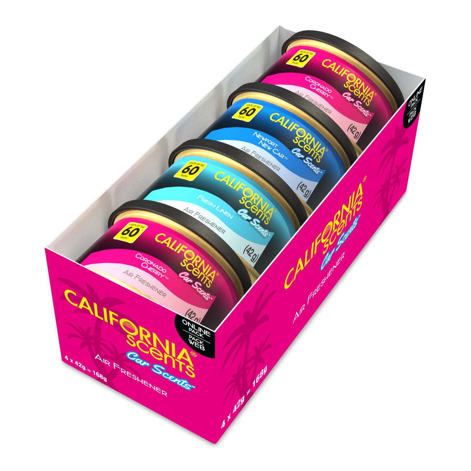 California Scents Car Air Fresheners Can, Pack of 4, Assorted Scents | (Fresh Linen, Coronado Cherry, Newport New Car), Strong Adjustable Long-Lasting Fragra... — California Scents