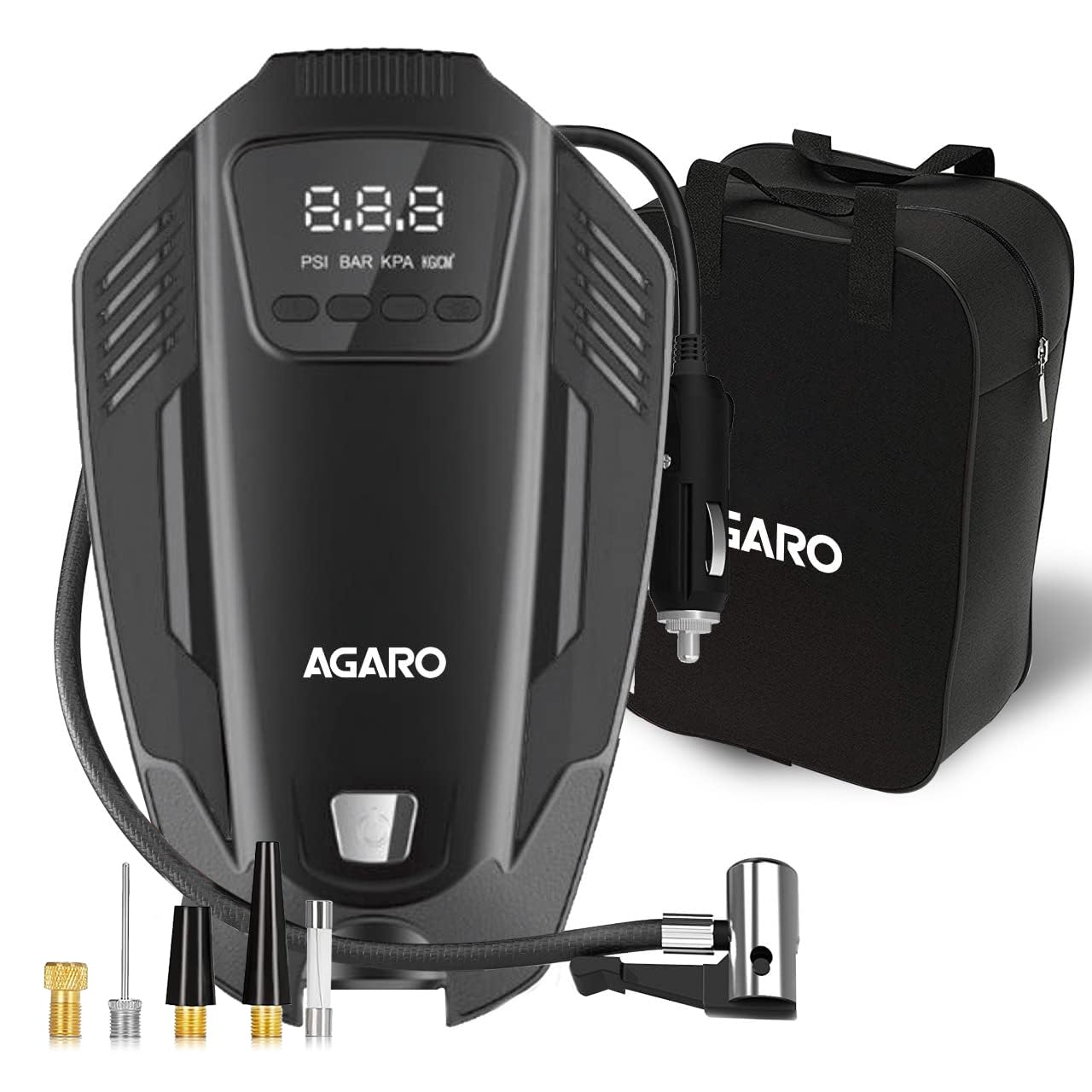 AGARO Primo High Power Digital Tyre Inflator for Car, Air Inflator Car Accessories, 120 Watt Air Pump with 12V Plug, Upto 150 Psi, Emergency LED Light, Compa... — Agaro