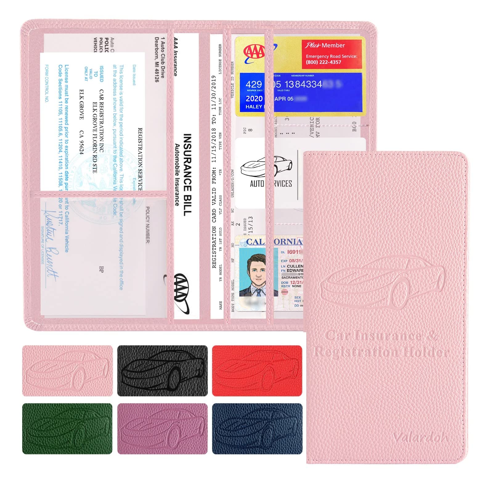 Valardoh Premium Car Registration and Insurance Card Holder, Car Document Holder for Cards, Driver License & other Essential Documents (Pink) — Valardoh