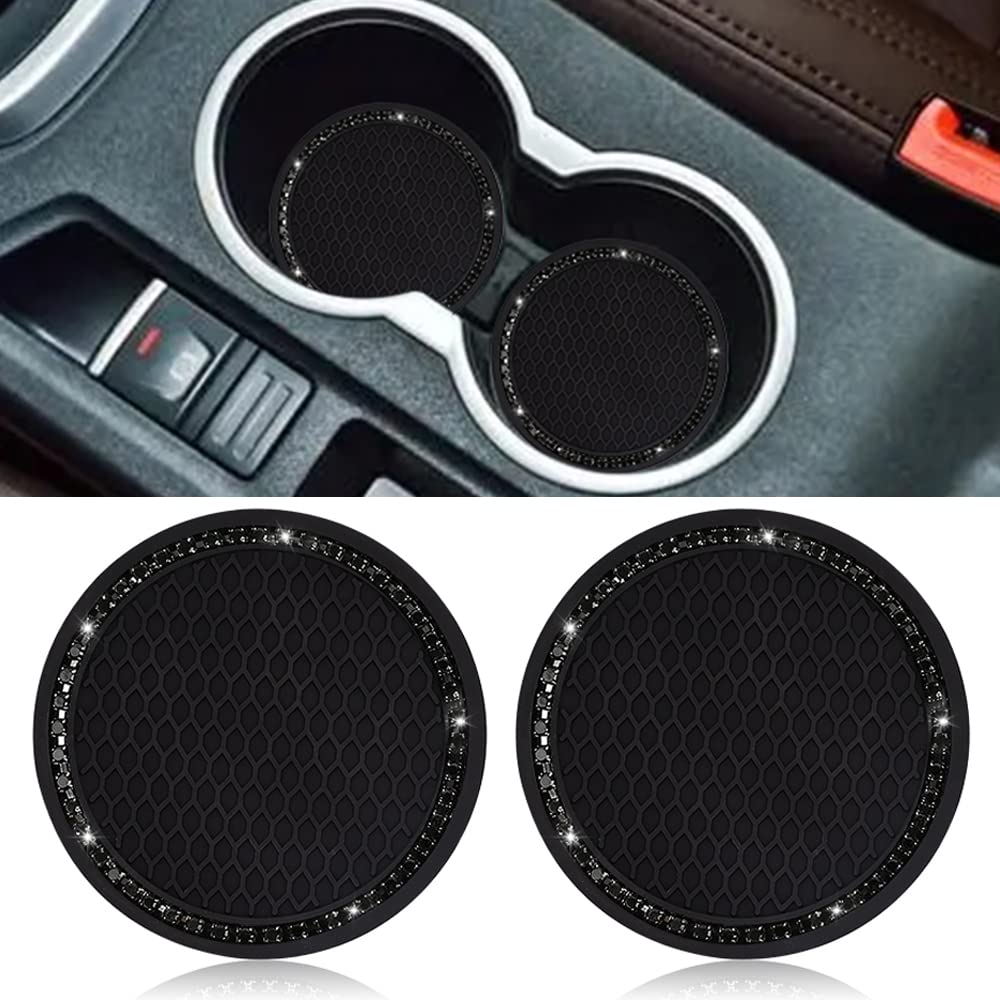 2 Pack Car Cup Holder Coaster, 2.75 Inch Bling Cup Holder Insert Mat | Universal Black Silicone Car Coasters with Diamond, Crystal Rhinestone Car Interior Ac... — Suncaraccl