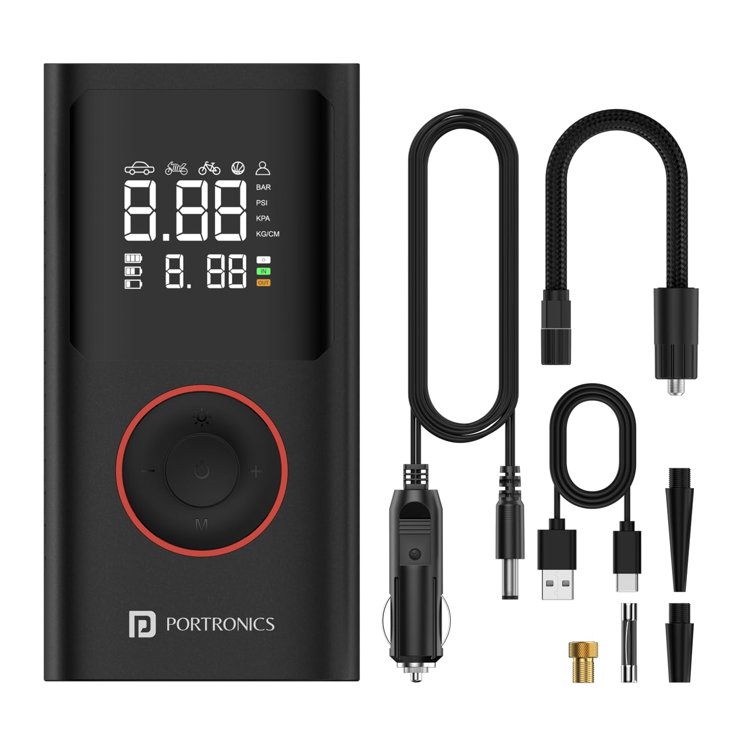 Portronics Vayu, 2-in-1 Tyre Inflator, Rechargeable & Corded Power, Preset Inflation Modes, Digital Display, Flashlight Torch with SOS, Auto Shut-Off, Multi-... — Portronics