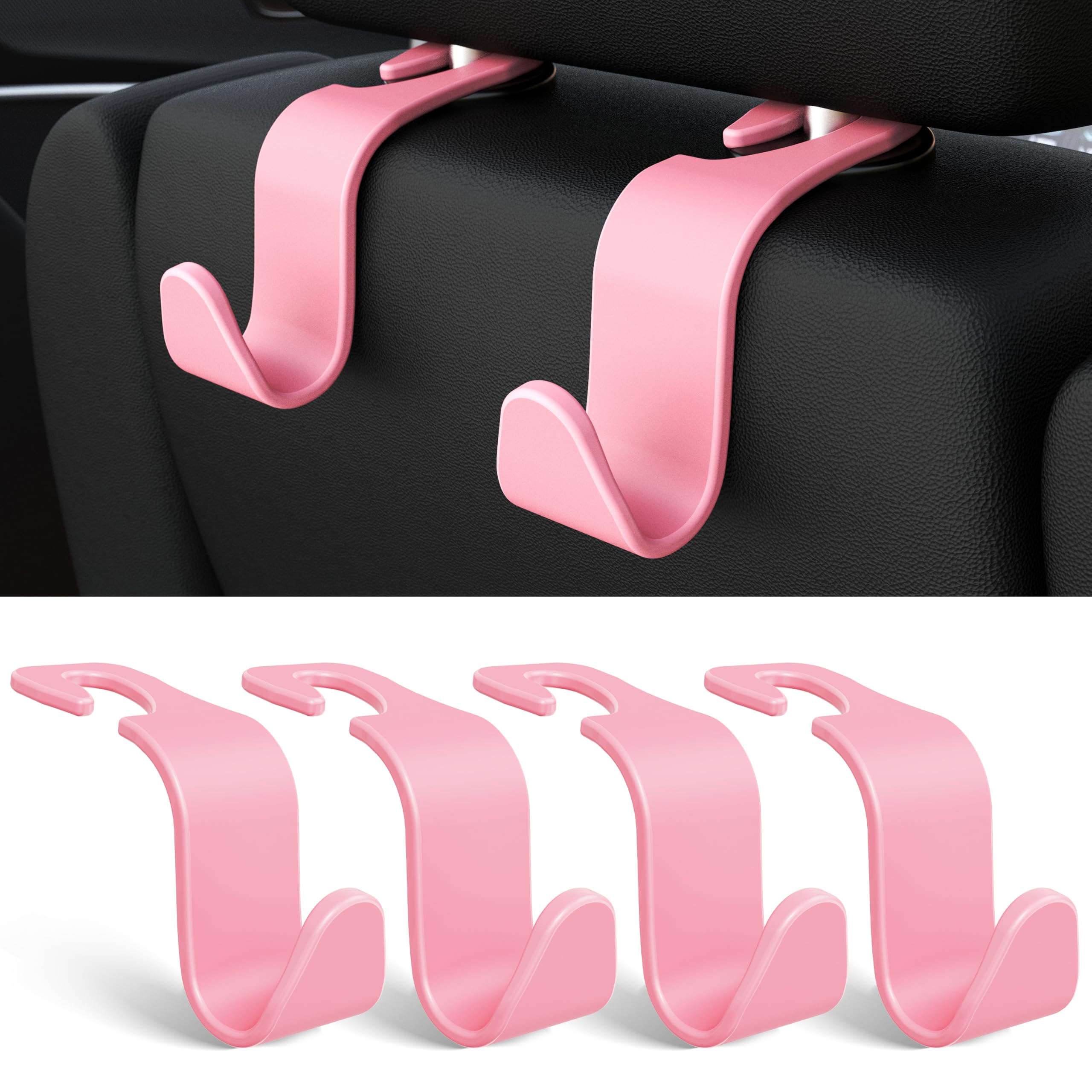 4-Pack Car Headrest Hooks Holds 55lbs Seat Storage Organizer for Bags | Durable ABS Material, 360° Rotating, Car Hanger for Backpack Umbrella Water Bottle Co... — Amooca