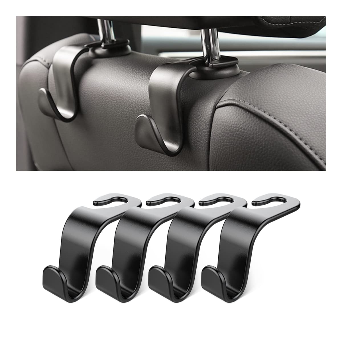 4 Pack Curved Headrest Hooks for Vehicle Seats, Black Style 2 | rear-row hanging storage, supports bags coats and groceries, fits matching headrest posts, in... — Hanemia