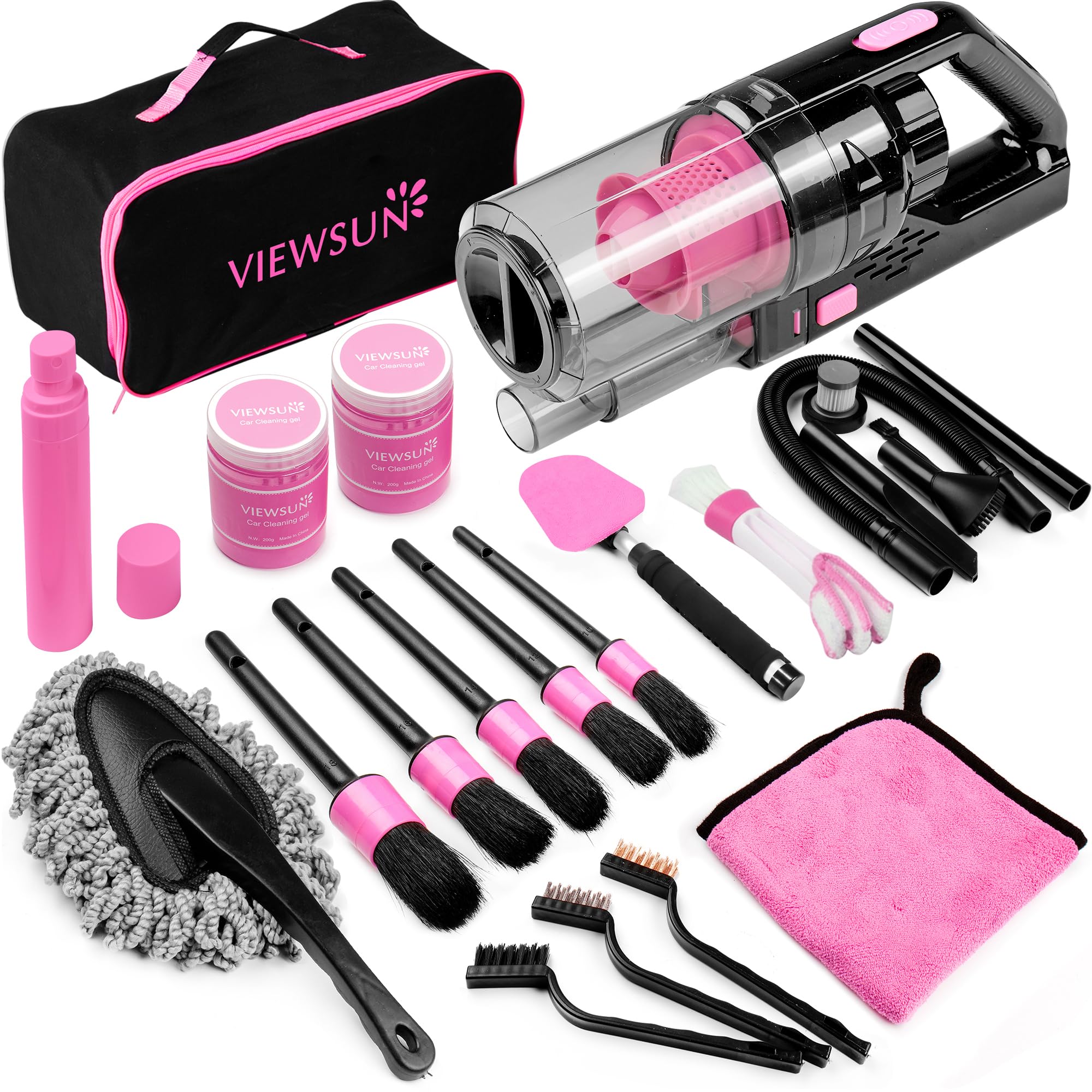 17pcs Car Cleaning Kit, Pink Car Interior Detailing Kit with High Power Handheld Vacuum, Detailing Brush Set, Windshield Cleaner, Cleaning Gel, Complete Auto... — Viewsun