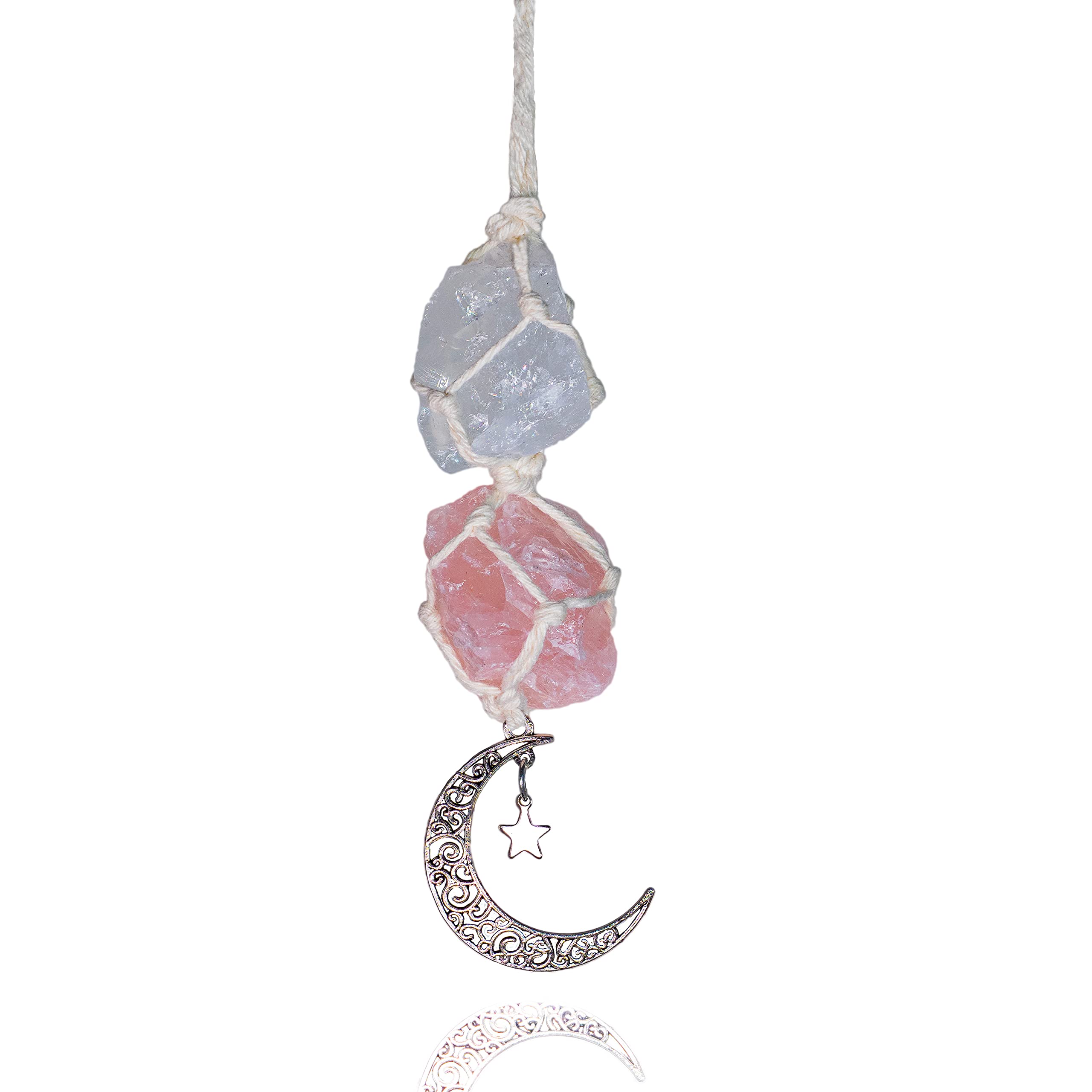 BOHO GARDEN Hanging Car Charm – Clear Quartz & Rose Quartz - Dangling Moon, Healing Crystal Accessories, Rearview Mirror Decorations –Healing, Clarity, Intui...