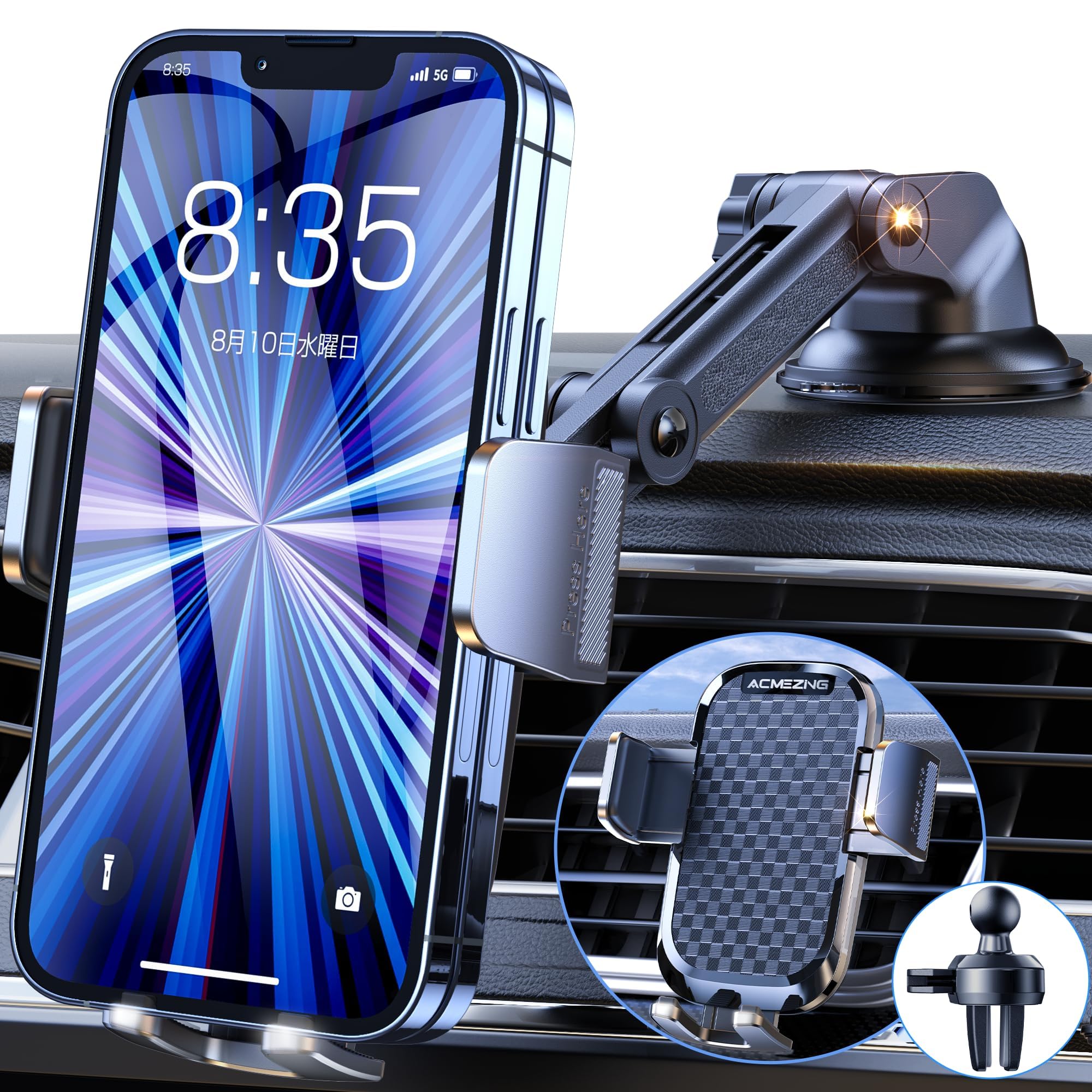 スマホホルダー 車 ACMEZING 車載ホルダー【業界改良3段クリップ式+3軸機械式伸縮アーム】エアコン吹き出し口＆超強力真空吸盤兼用2in1 — Acmezingのストアを表示