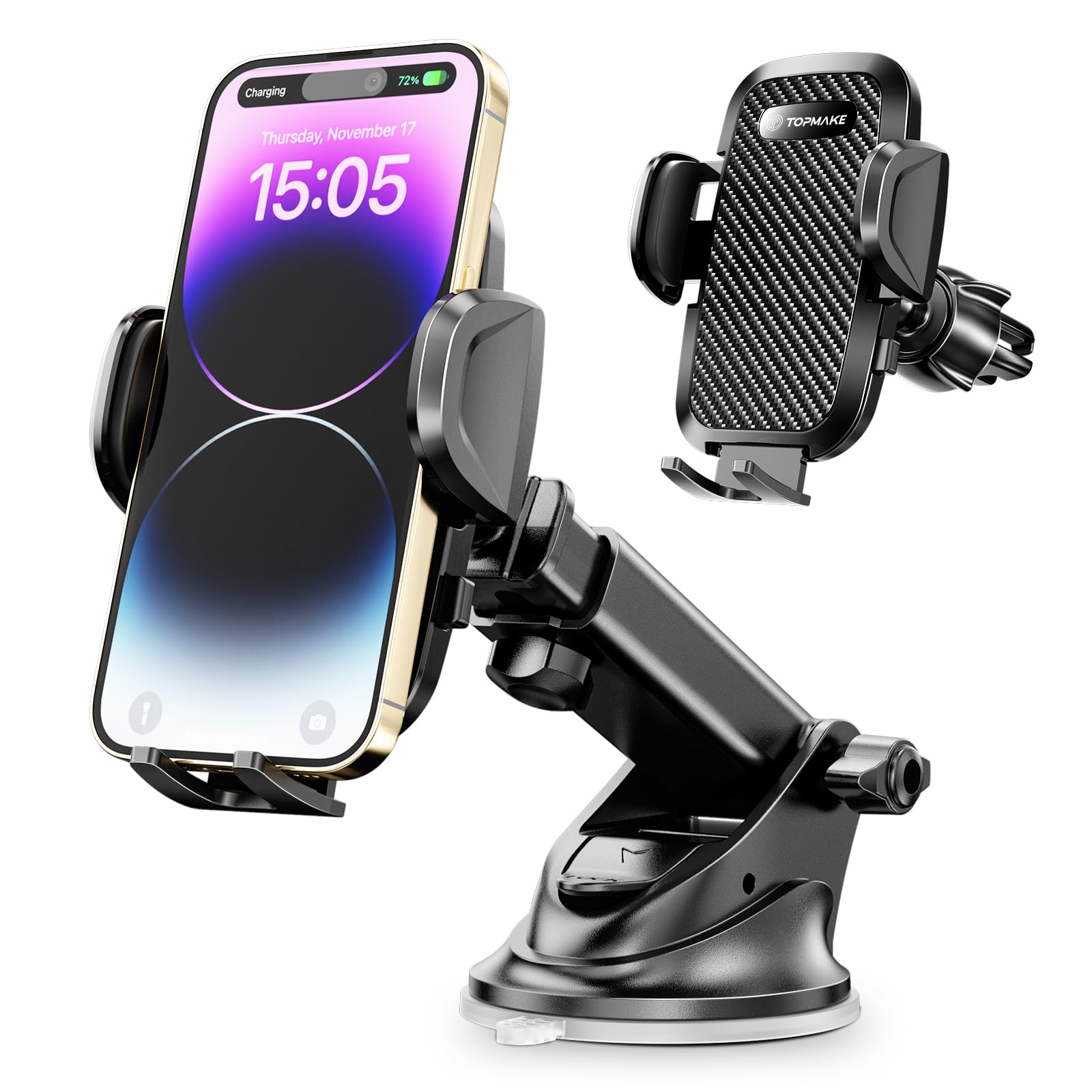 Topmake スマホホルダー 車 車載ホルダー ゲルサクションカップ/クリップ 2in1 携帯ホルダー 車 エアコン吹き出し口 360度回転 伸縮アーム 幅52mm〜95mmの携帯電話に適しています 日本語マニュアル付き（黒） — ブランド: Topmake