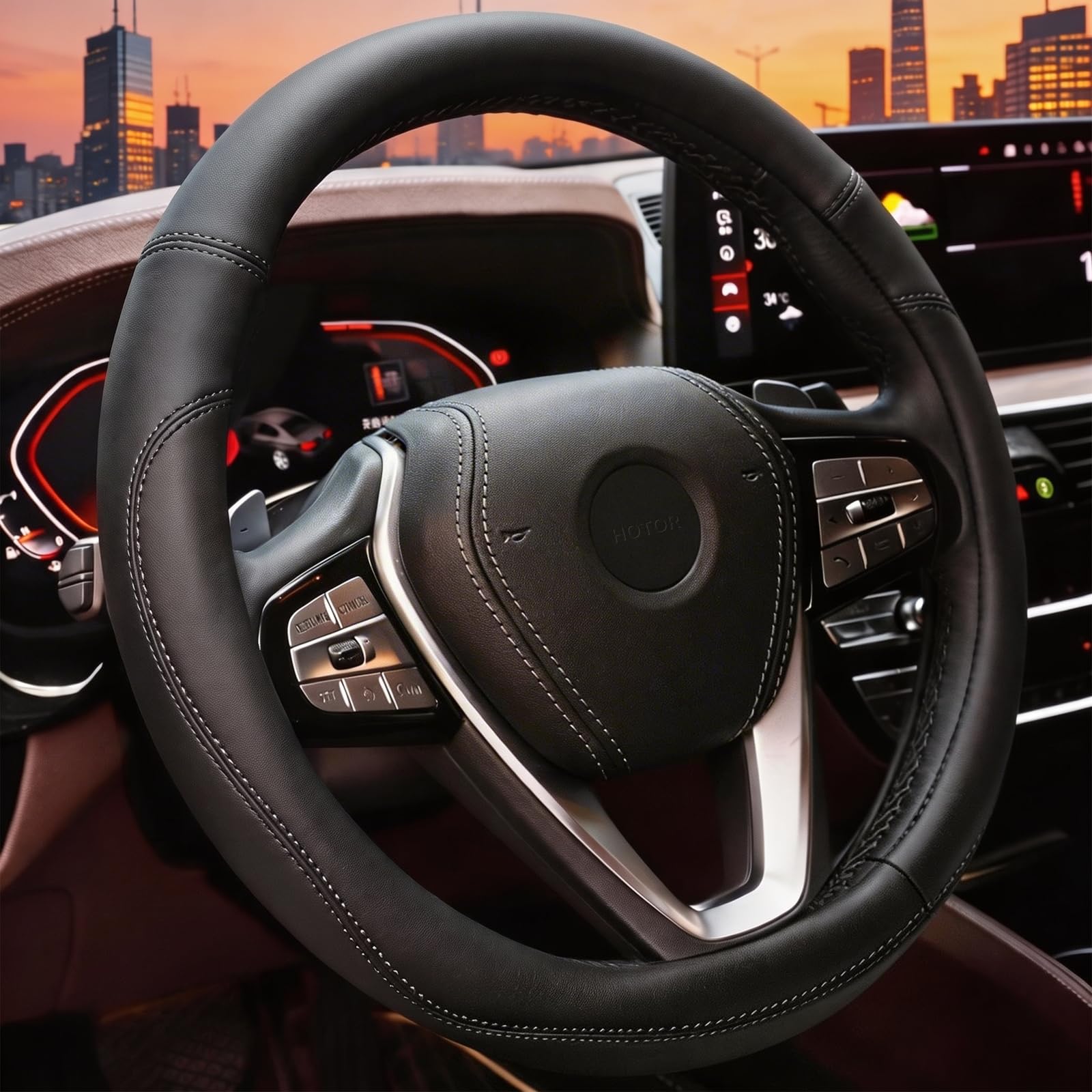 HOTOR Car Leather Steering Wheel Cover, Universal 14.5"-15",Black | Universal Car Accessory for Diverse Cars, Car Steering Wheel Cover with Anti-Slip Lining,... — Hotor
