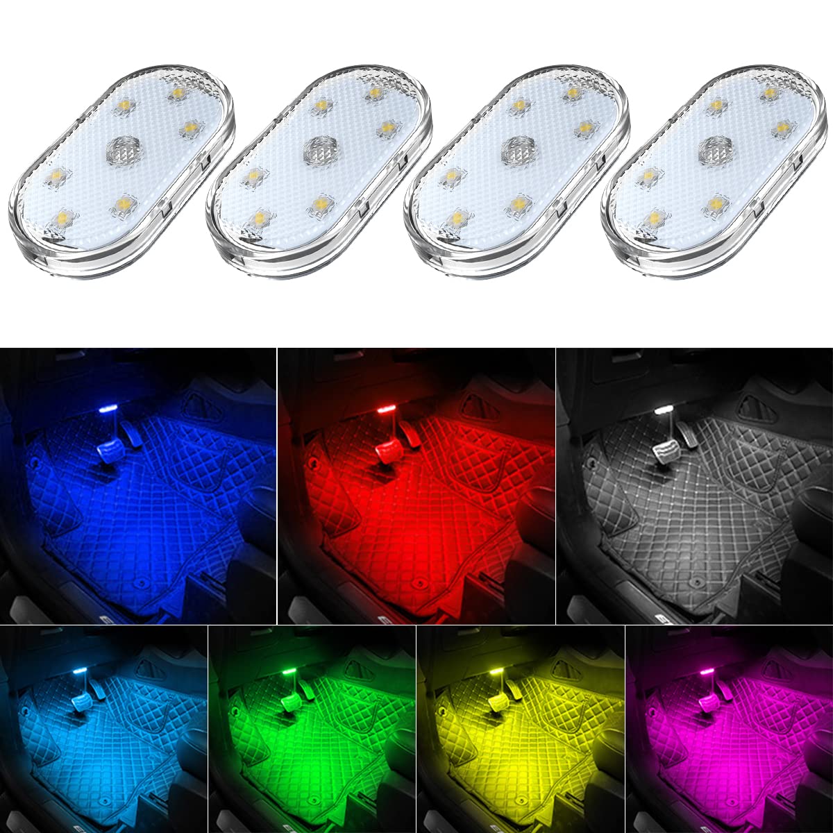 4Pcs Car LED Lights Interior Wireless, 7 Colors Interior Car Lights with 6 Bright LED Lamp Beads, Portable USB Rechargeable Car Interior Led Night Light for... — Tekshinny