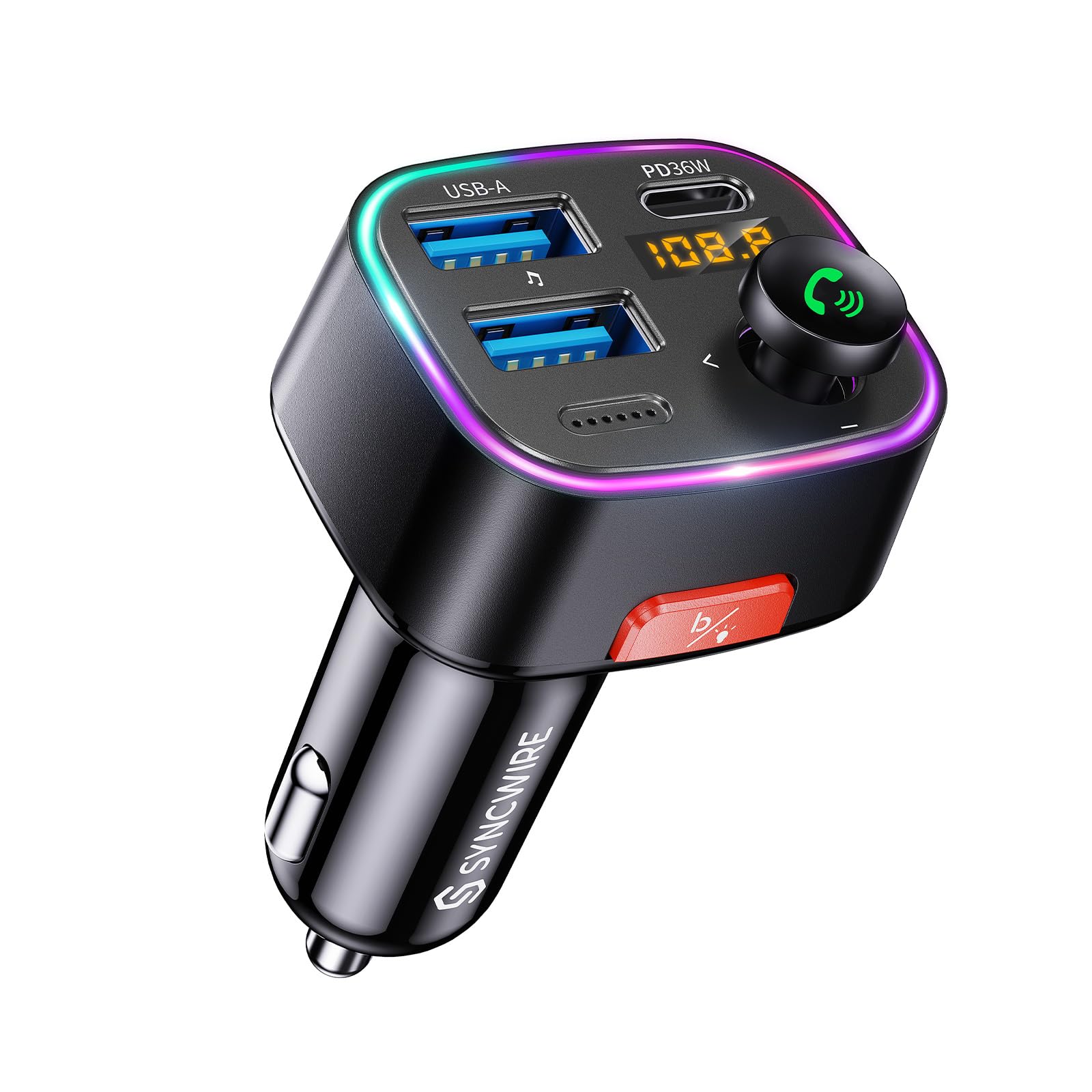 Syncwire Bluetooth 5.4 FM Transmitter Car Adapter 48W (PD 36W & 12W) | Light Switch, HiFi Bass Sound, Fast Charging, Wireless Radio Music Adapter LED Display... — Syncwire