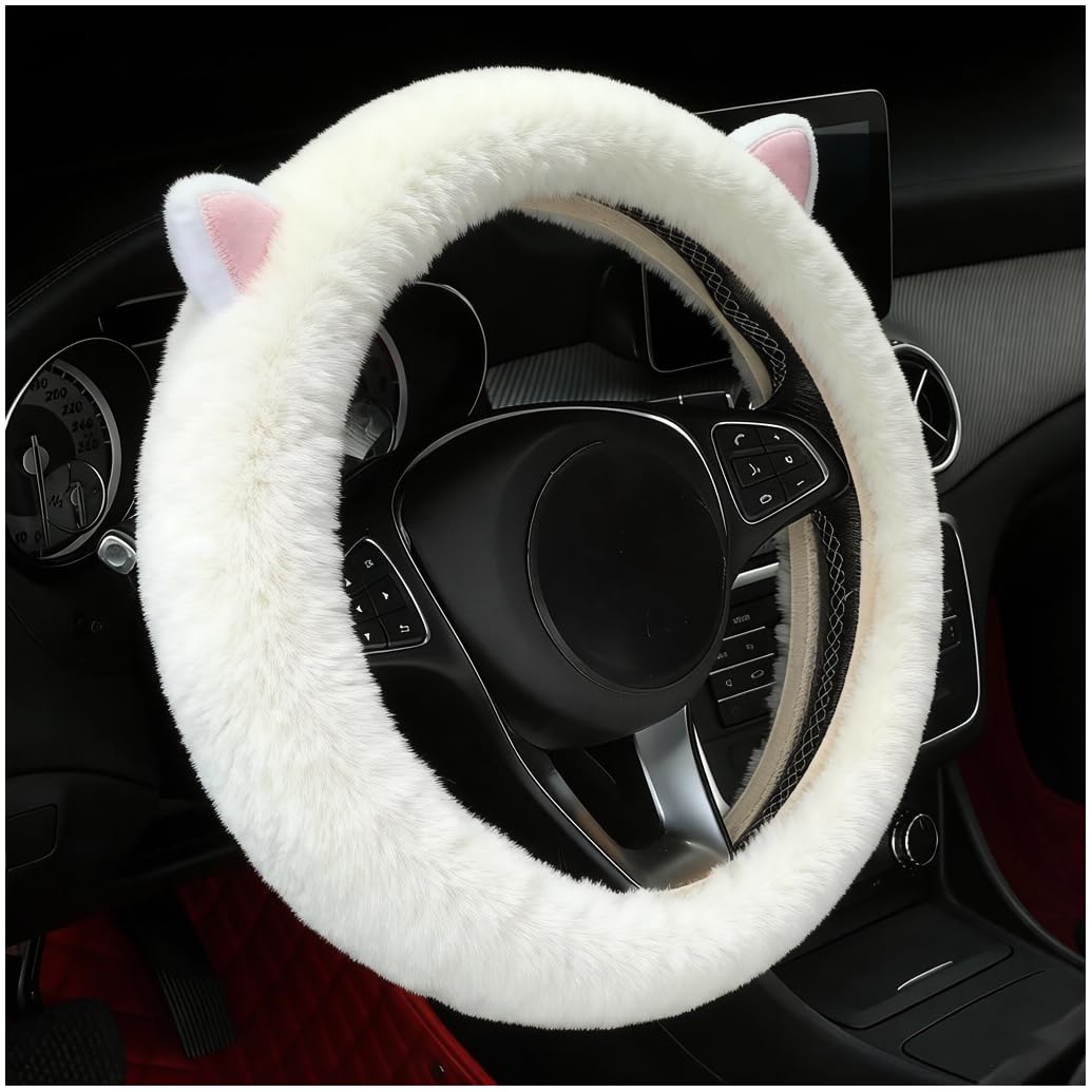 Fluffy Natural Sheepskin Fur Car Steering Wheel Cover Genuine Wool Steering Wheels Interior Accessories for Women Anti-Slip Universal for 15 inch