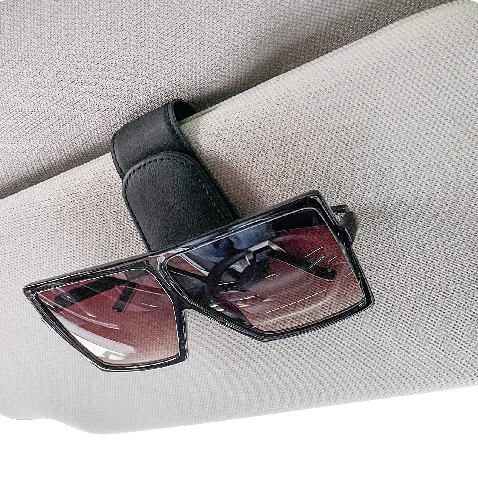 Dacitiery Black Sunglasses Holder for Car Visor Magnetic Clip | Leather Eyeglass Hanger Universal Car Accessory For Men Women — Dacitiery