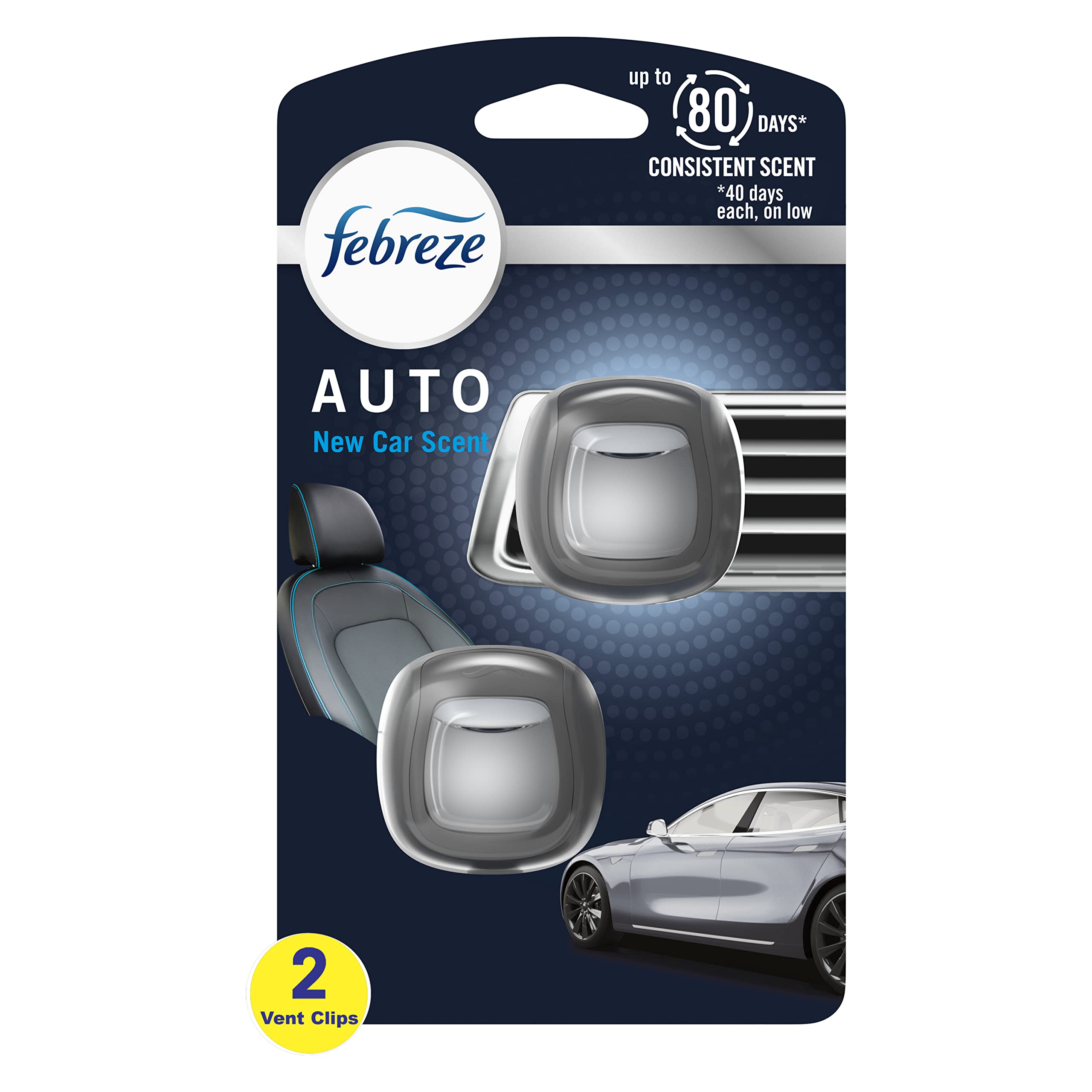 Febreze AUTO Air Freshener, Odor-Fighting Automotive Vent Clip, Scented Car Accessories, Long Lasting for Strong Odors, New Car Scent, 2 Count — Febreze