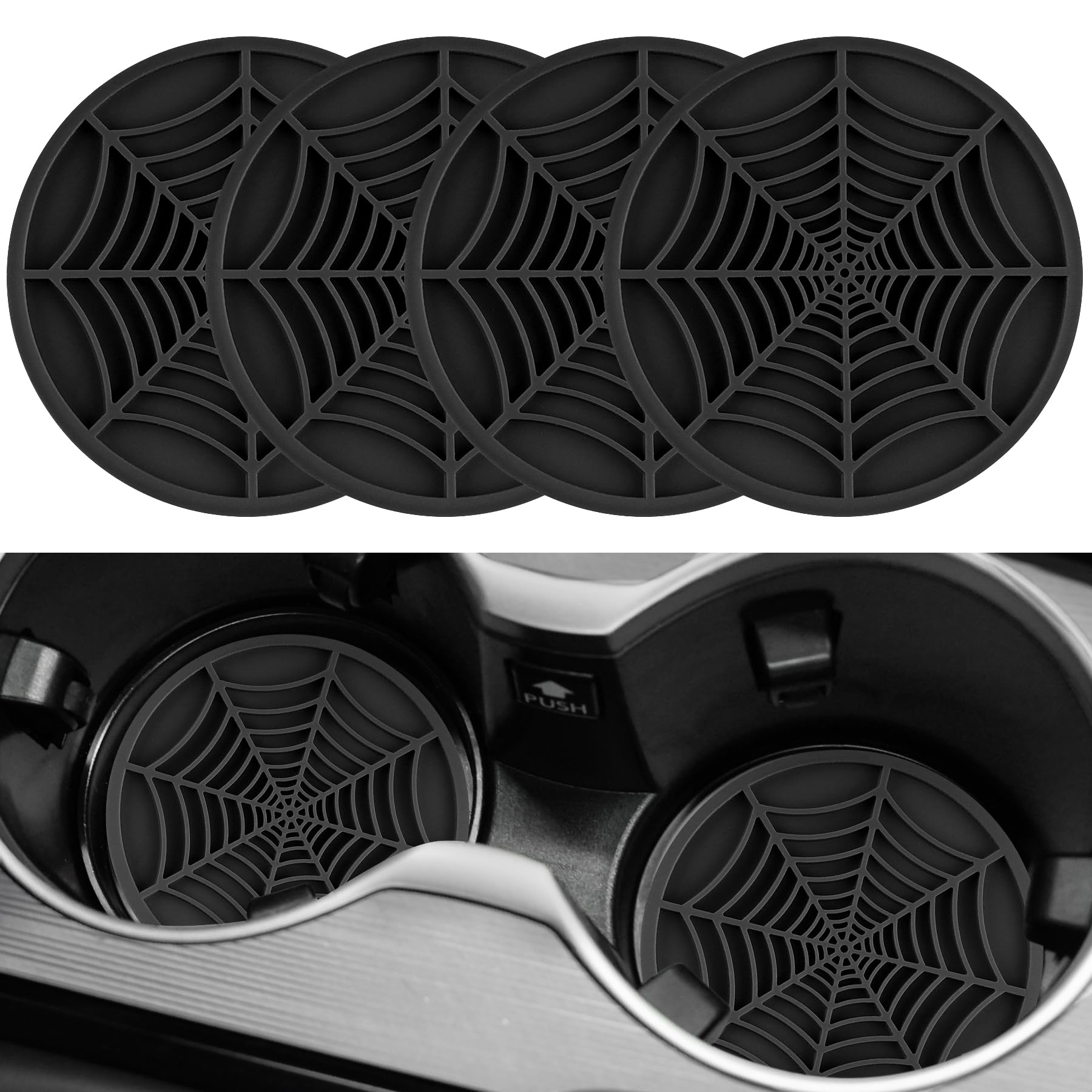Alpmosn 4PCS Spider Web Car Coasters for Cup Holders, Halloween Funny Non-Slip Silicone Insert Ornaments Coasters, Automotive Cupholder Goth Accessories for... — Alpmosn