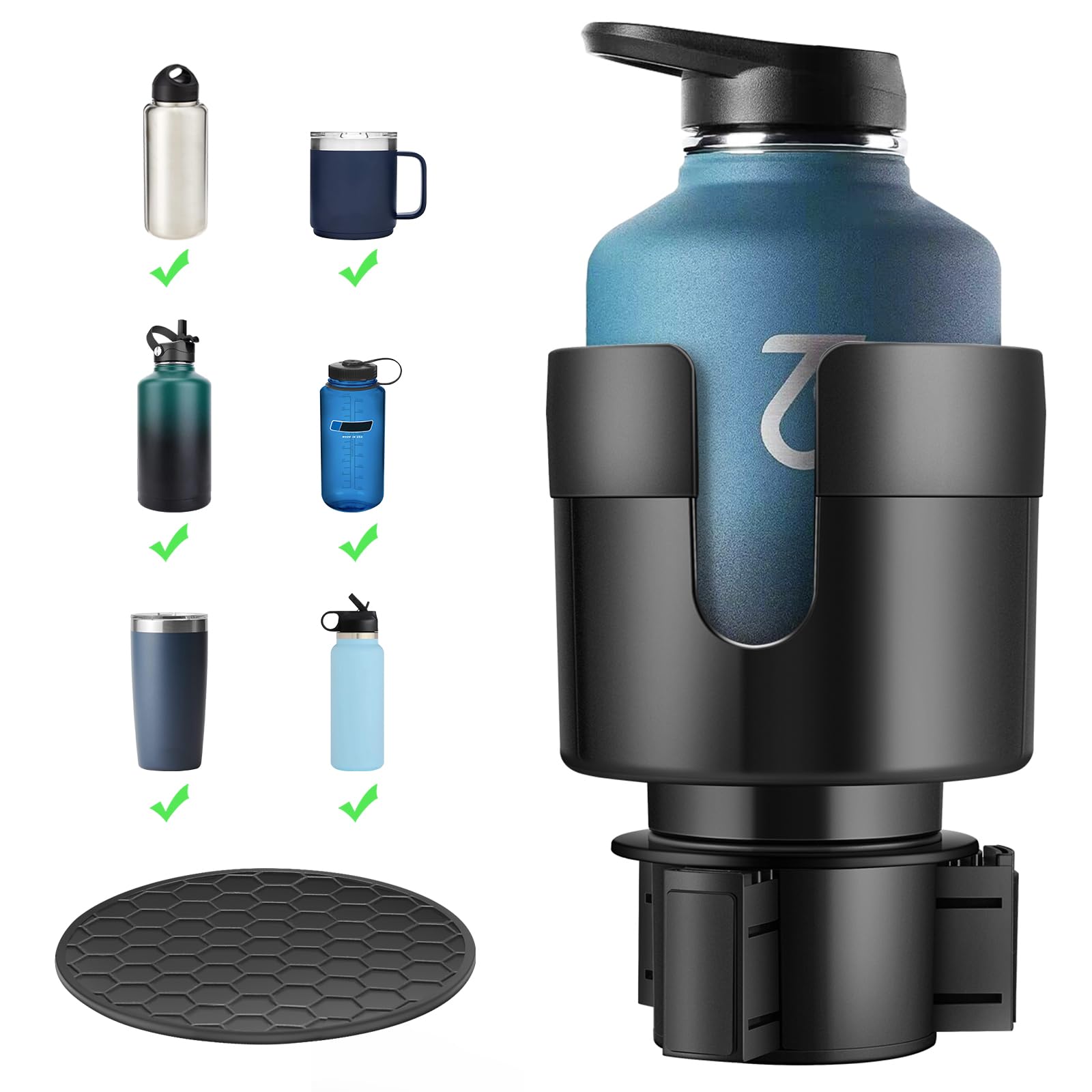 TYKOR Car Cup Holder Expander, Cup Holder for Cars Fits Bottles 7-10.5 CM | Expandable Base Fits Most Cars, Fits Large Drink Bottles 0.5-1.4 L, Fits Stanley,... — Tykor