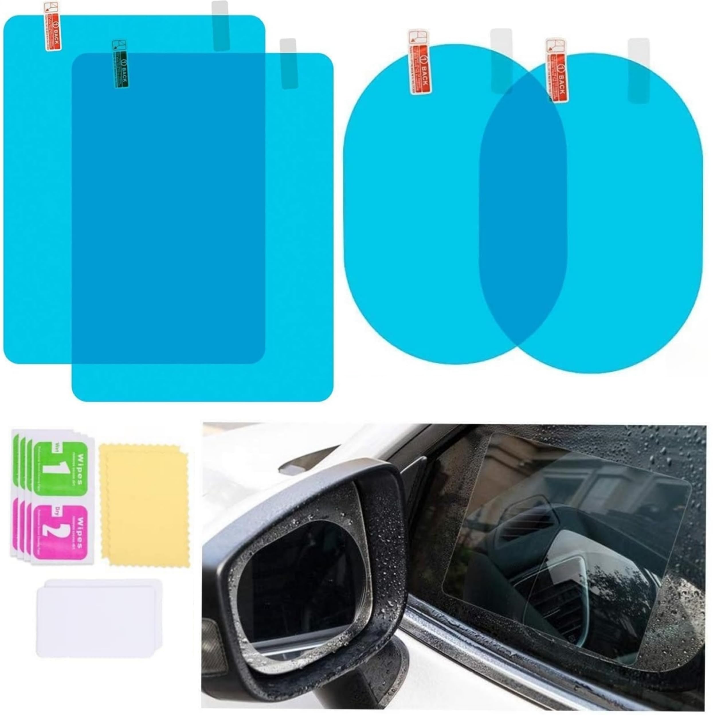 DETACHI Anti Fog Film for Car Mirror Car Window Film Water Protective Film Sticker for Car Anti-Glare, Anti-Scratch, Rainproof (2 Pcs Oval + 2 Pcs Square) Un... — Detachi