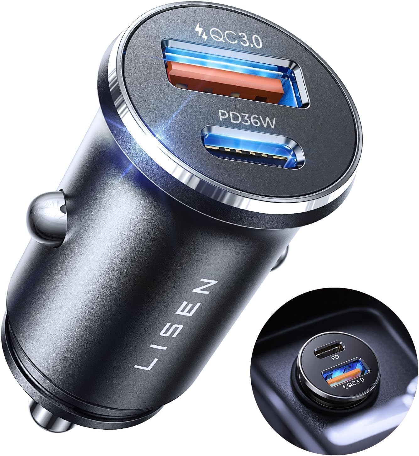 LISEN Car Charger USB C Fast Charge 69W Cigarette Lighter USB Charger 12V | [All Metal & Smallest] Car Accessories for Men Women BMW Campervan Car Adapter So... — Lisen