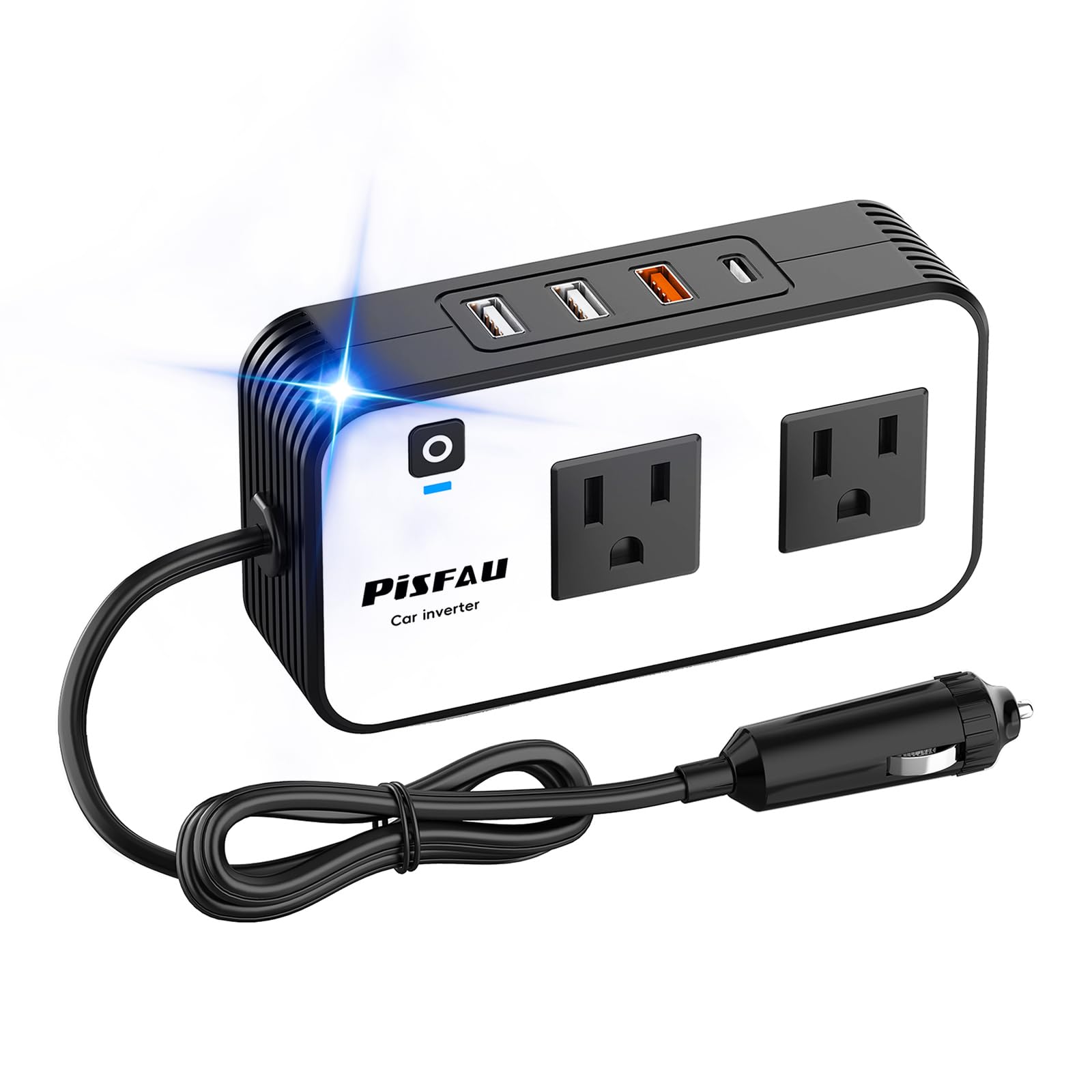 PiSFAU 200W Car Power Inverter - DC 12V to 110V AC Car Plug Adapter Outlet | Dual AC Outlet 4.8A 24W USB-A/C, Portable Cigarette Lighter Charger for Laptop/C... — Pisfau