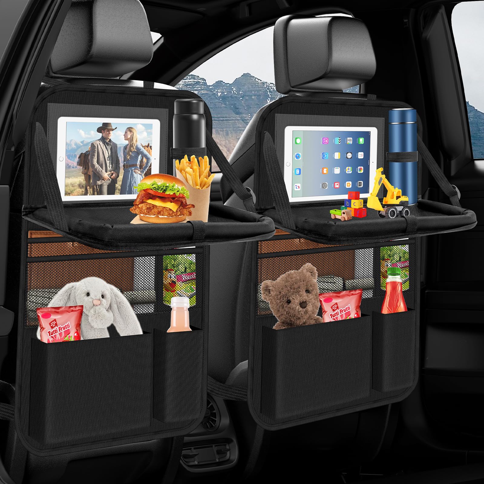 2 Pack Car Seat Organiser with Folding Table, Car Organiser Back Seat for Kids, Waterproof Car Storage for Keeping Car Tidy, Kick Protector, Tablet Storage P... — Oneyus