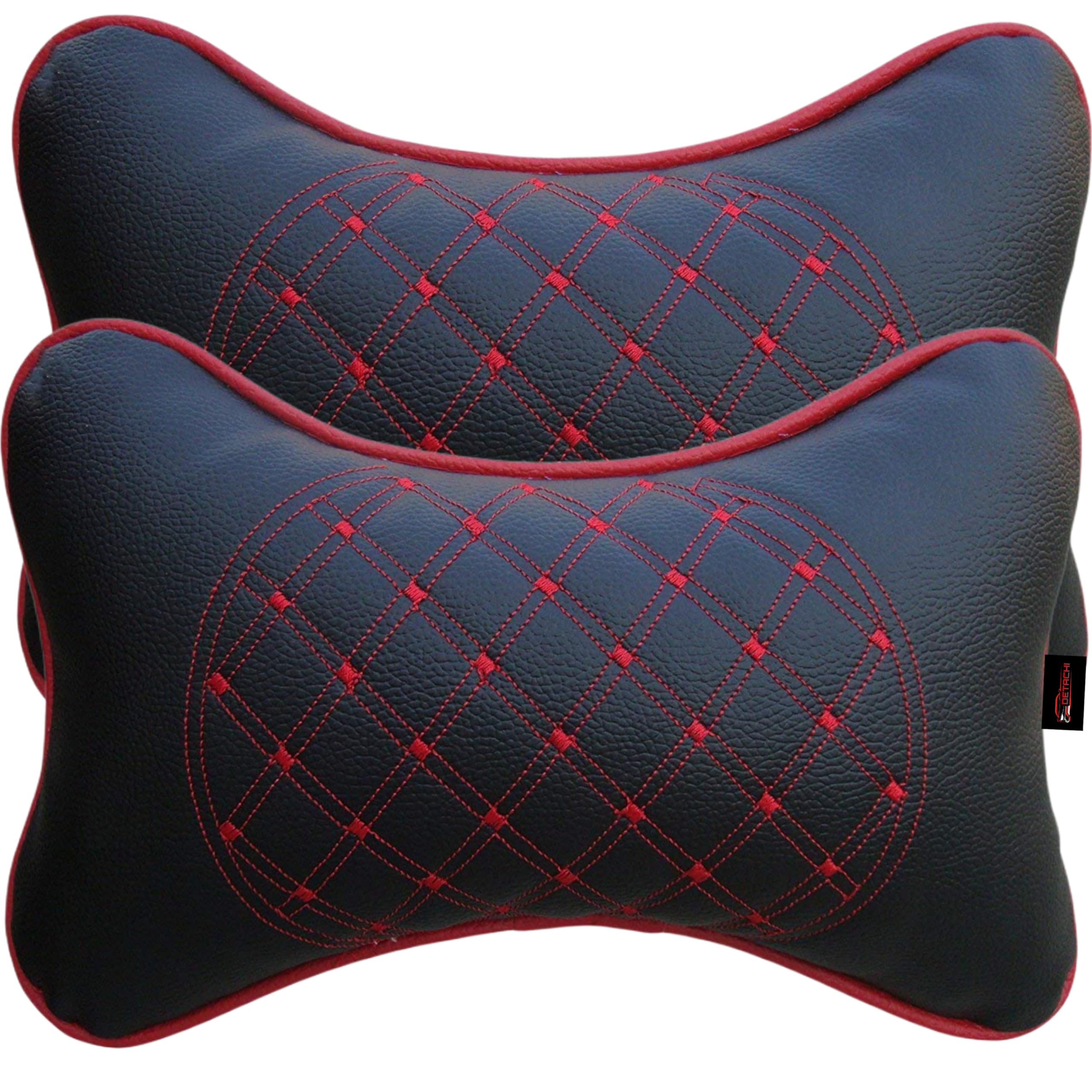 DETACHI Faux Leather Car Neck Rest Pillow/Cushion Set of Pillows Compatible with All Cars (Black, with RED Embroidery) - Pack of 2 Pieces — Detachi