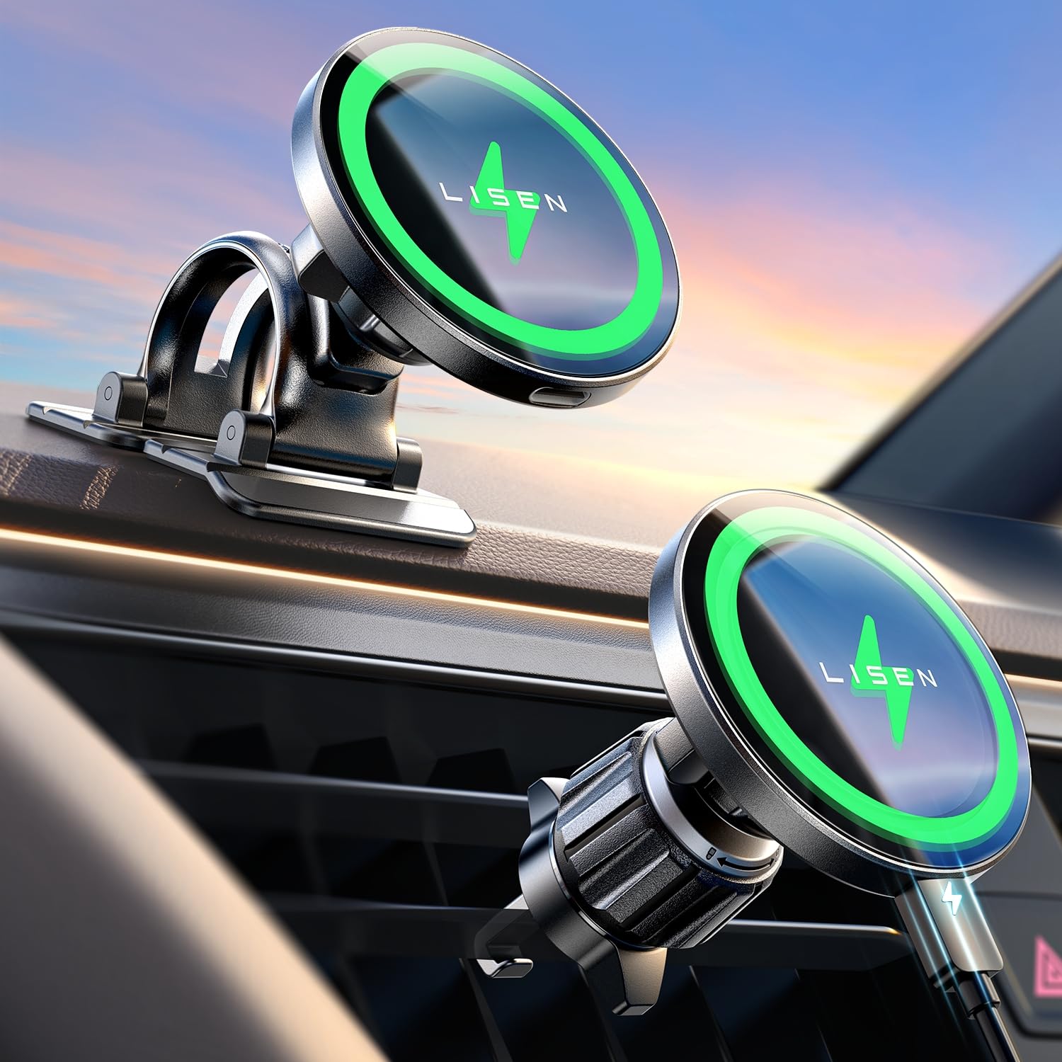 LISEN 15W MagSafe Car Mount Charger, Magnetic Phone Holders for Your Car | [Dual Mounting Type for 99% Vehicles] Magsafe Car Mount,15W Magnetic Wireless Car... — Lisen