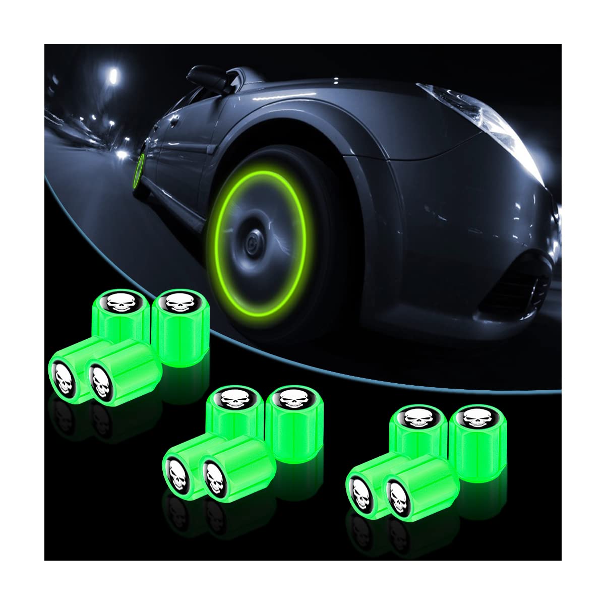 12 PCS Glow in The Dark Tire Valve Caps, Fluorescent Tire Valve Stem Caps, Skull Car Wheel Tire Valve Stem Caps, Car Fashion Accessories Universal Truck, SUV... — Adunsiaoto