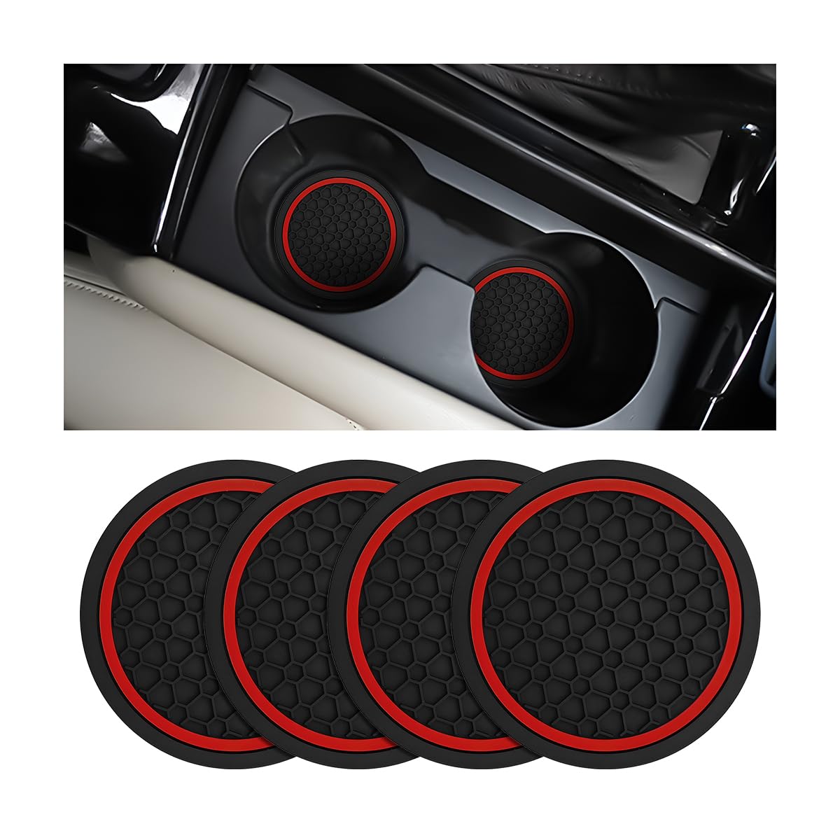 Mandark 4PCS 2.75 Inch Car Cup Holder Coasters, Non-Slip, Black/Red | PVC construction, washable waterproof surface, fits most cars, SUVs, and trucks, automo... — Mandark