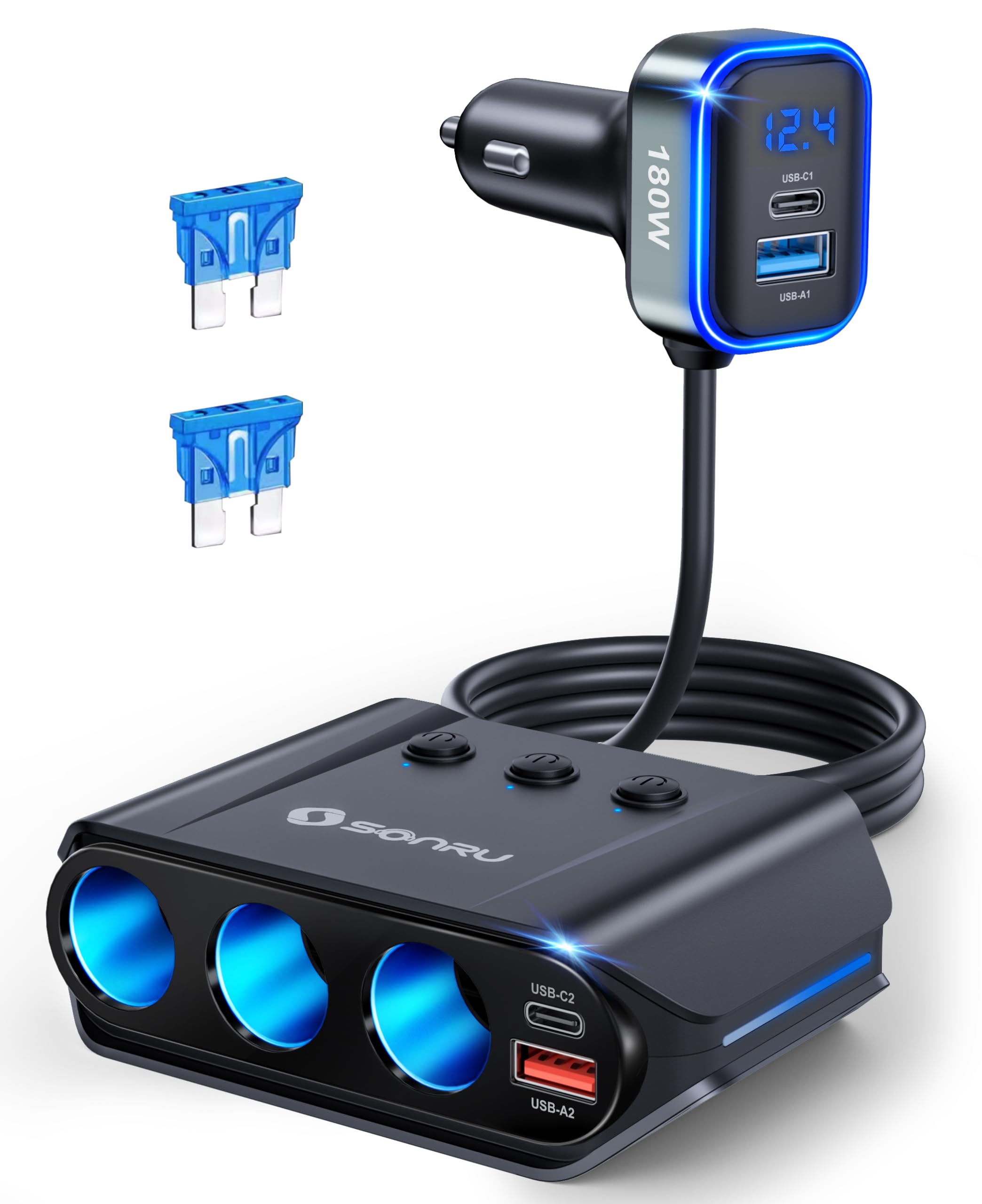 7 in 1 Cigarette Lighter Splitter, 180W [Dual PD & QC 3.0] Car Charger Adapter, 12V/24V Car USB Adapter Multi Socket with Voltmeter Fast Charging for iPhone... — Sonru