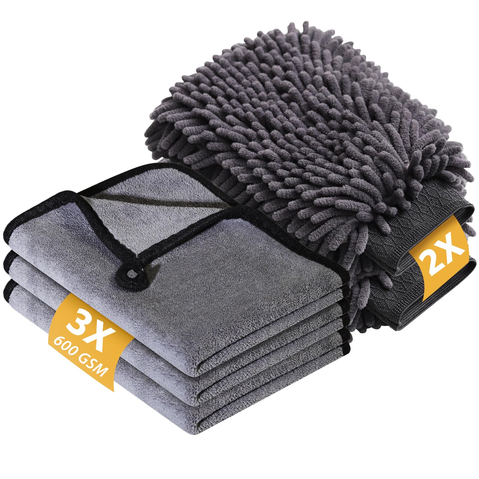 KEYAYE 5 Pcs Car Washing Kit with 3x Microfibre Cleaning Cloth and 2er Microfibre Wash Mitt, Dual-Sided Ultra Soft Drying Towels and Gloves for Car Care, Pol... — Keyaye